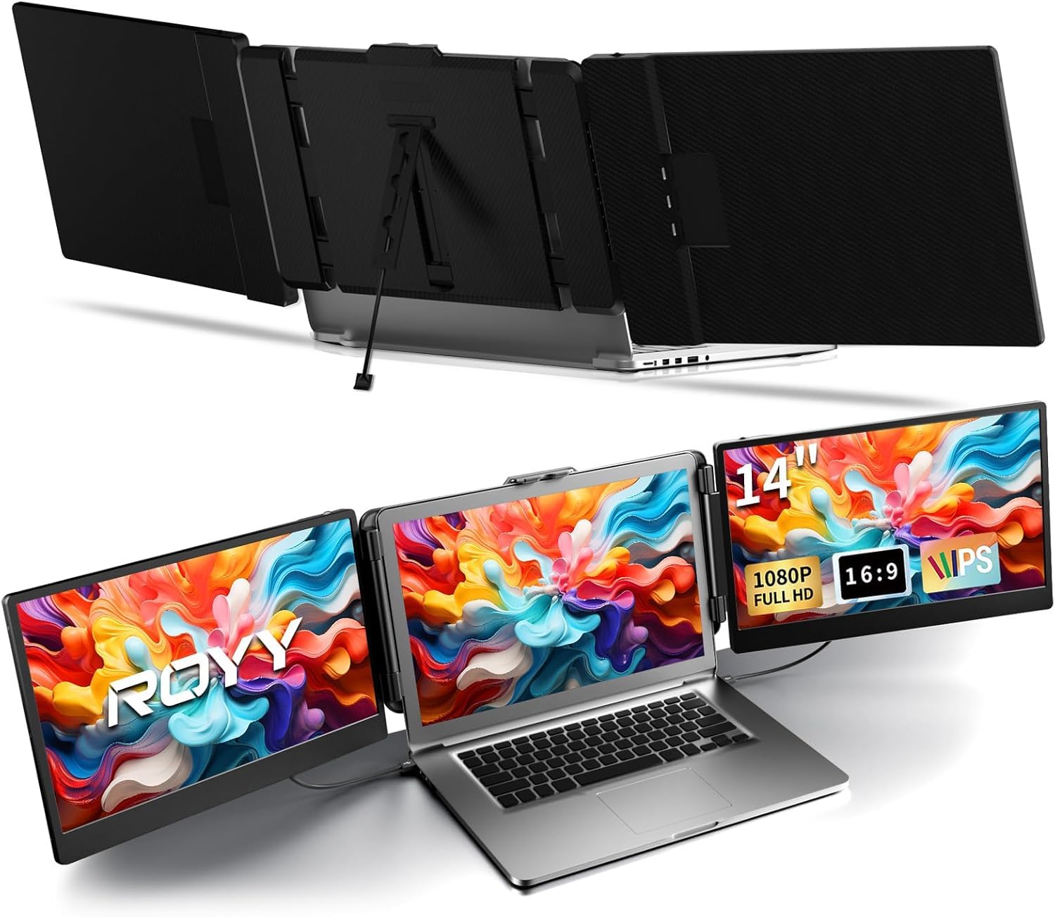 ROYY Estensore schermo per computer portatile, triplo monitor, 14", 1080p, attacco FHD, compatibile con Windows Mac Dex Chrome Travel Work adatto per laptop da 13-17"