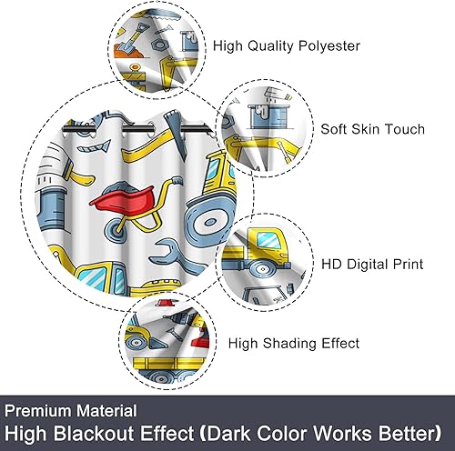 Miniatura 5 de Baocicco Cortinas opacas blancas con temática de construcción, excavadora de dibujos animados, camiones, tractor, cortinas de ventana para