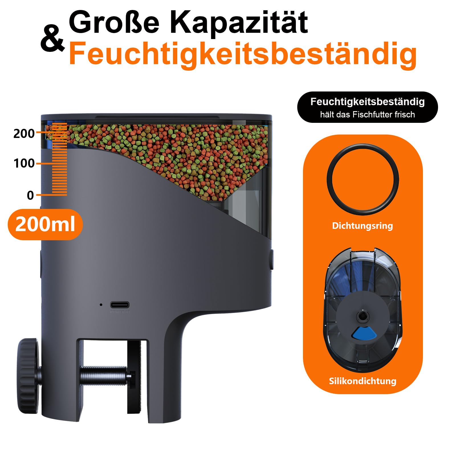 WiFi Futterautomat Aquarium mit Kamera, 2.4/5G WLAN Smart App, 0,2g Flockenfutter Präzision Fütterung für Urlaub & Alltag, 200ML Futterspender Feuchtigkeitsschutz, Nachtsicht, Meerwasser