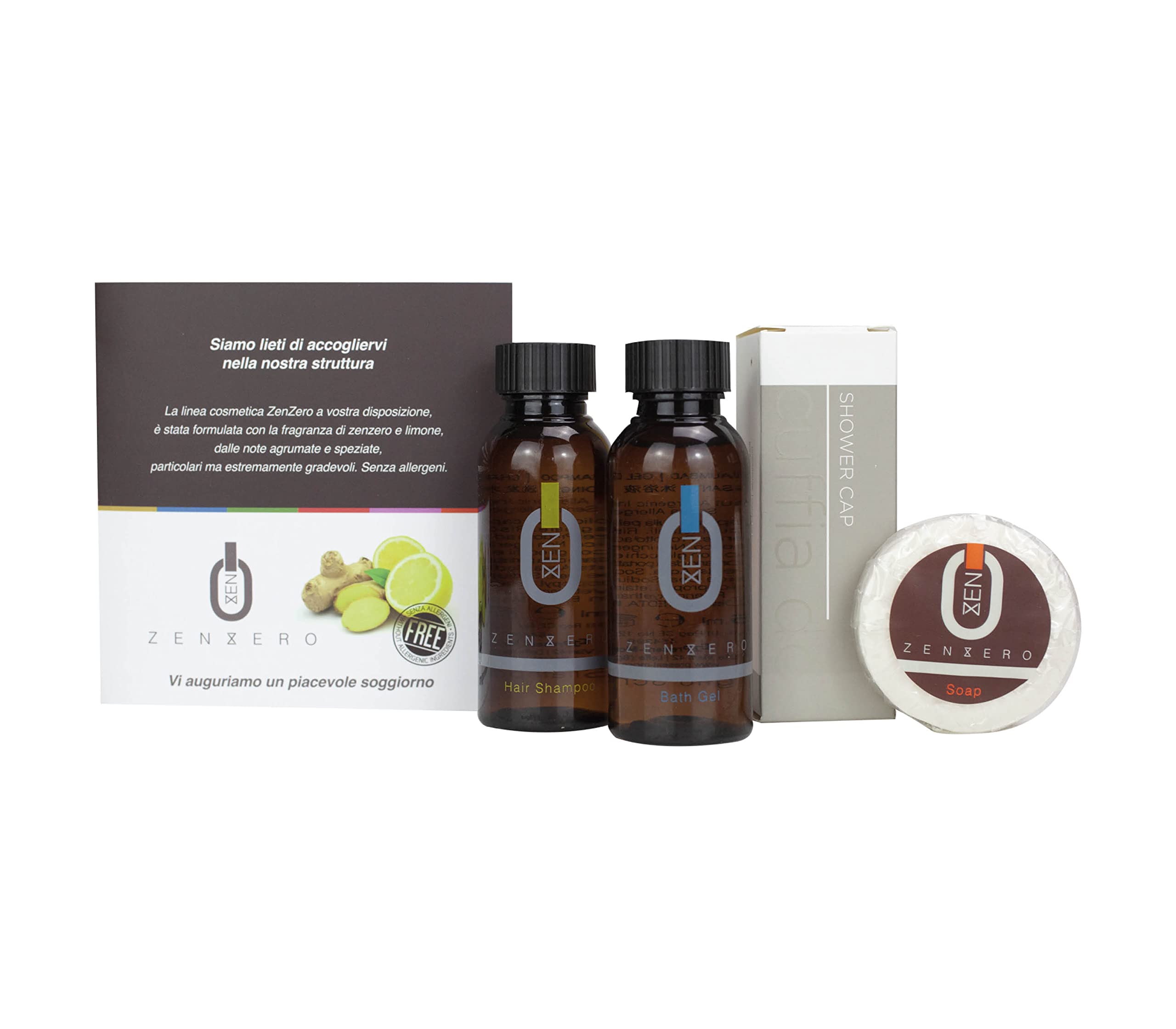 Present-More Amenities Kit Zenzero - Toilettenartikel 20 Gäste für Hotels und B&B | Allergenfreie Amenities Kit mit Duftnote Ingwer und Zitrone