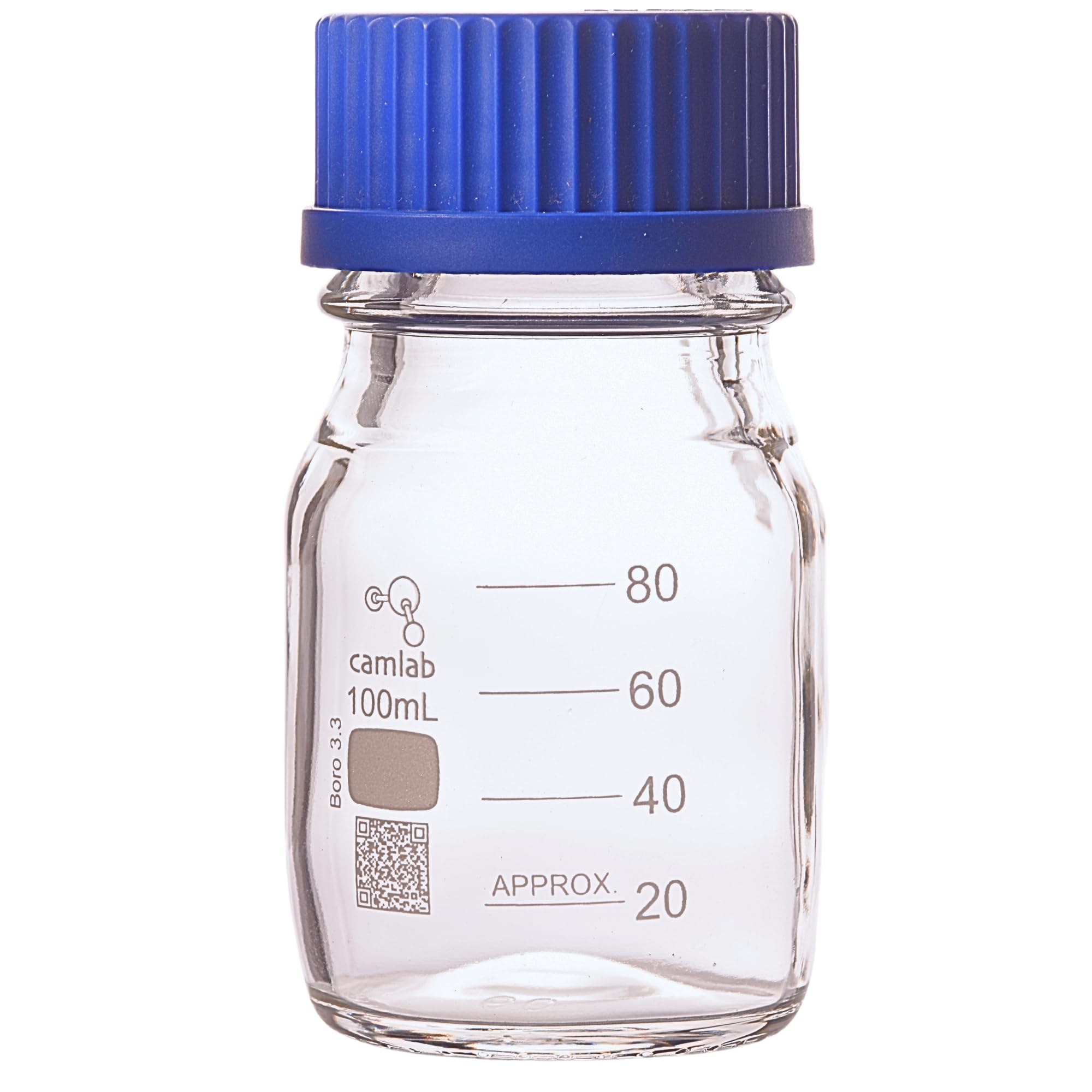 Camlab Graduated 3,3 Borosilicate Glass Reagent Bottle, With Screw Cap, Chemically Resistant and Heat Resistant, 100ml Glass Beaker, Pack of 1
