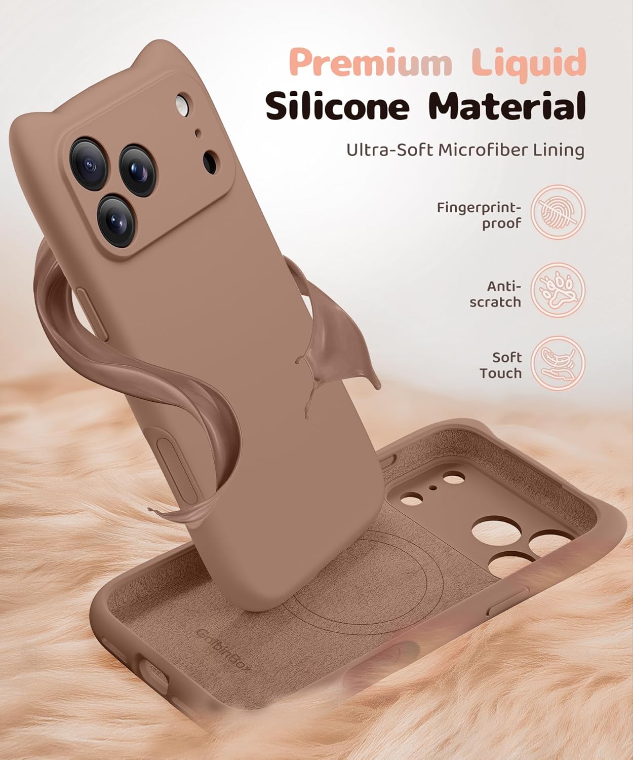GolbinBox Magnetic for iPhone 17 Pro Max Case, [Compatible with MagSafe] [Full Camera Protection], Liquid Silicone Shockproof Phone Cover with Cute Cat Ears for iPhone 17 Pro Max 6.9'', Brown