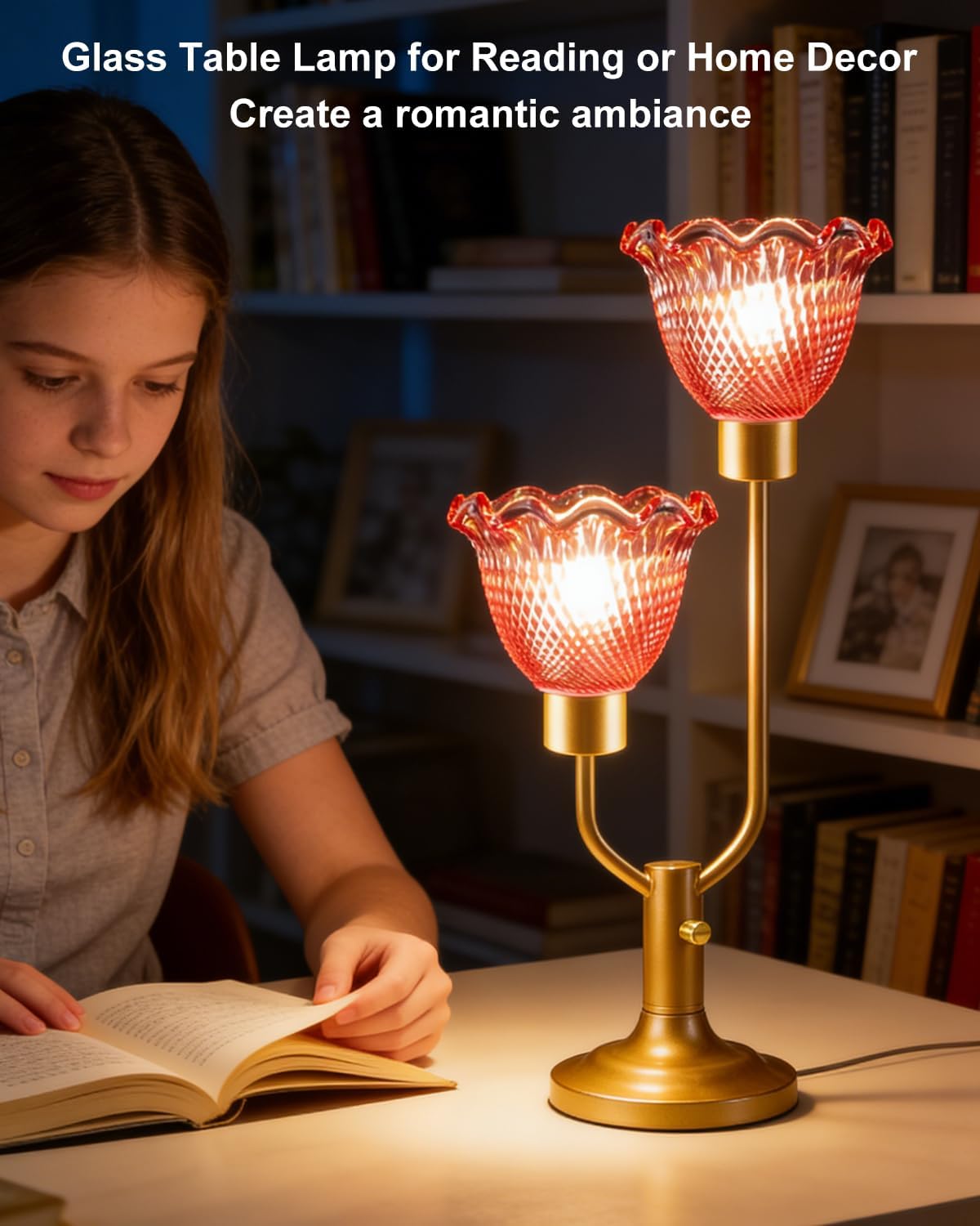 Lightdot Flower Glass Red Table Lamp Dimmable Mid Century Modern Vintage Gold Desk Lamp Nightstand Lamp 2 Bulbs Included Warmwhite Ambient Bedside Lamps for Living Room Bedroom Home Office Decor Gift