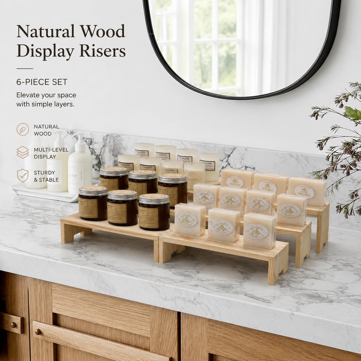 Yikaroeli Display Risers-3 Tier Wood Risers Decorative Rectangular, 6-piece Set Display Stands Arranging and Showcasing your favorite items(Nature) 4