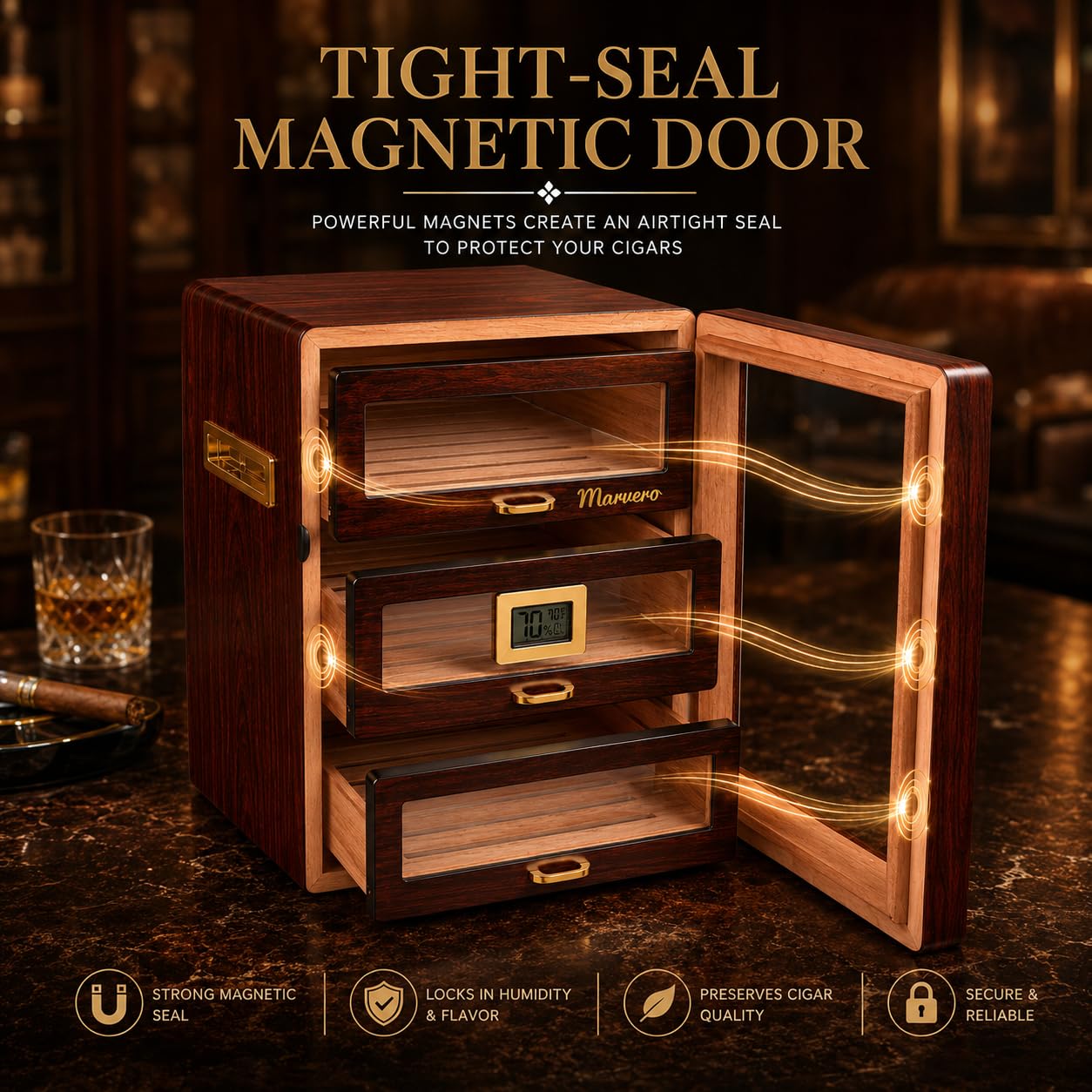 Humidor per sigari artigianali, sigari Humidor per sigari in legno di cedro per 150 sigari con igrometro digitale, 3 cassetti grandi, 3 umidificatore sigari