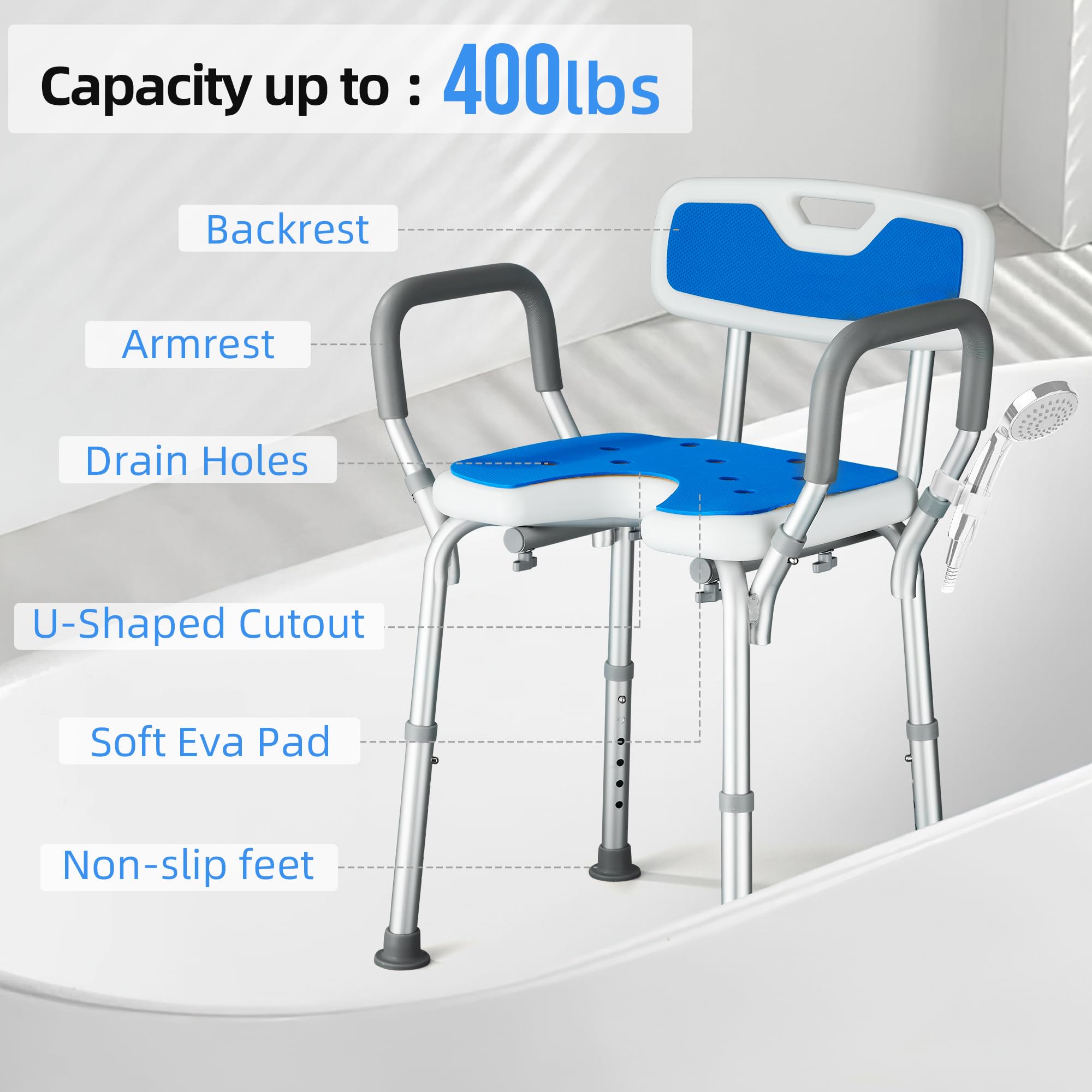 Silla Ducha Personas Mayores Asiento en U Taburete de Baño Antideslizante con Altura Ajustable de 6 Niveles y Reposabrazos Asiento de Ducha Regulable para Ancianos y Discapacitados