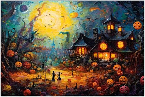Impresiones en lienzo de noche de Halloween, arte de pared e imágenes espeluznantes de 12 x 18 pulgadas enmarcadas