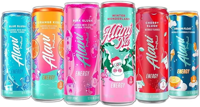 New Alani Energy Drink Variety Pack Pink Slush, Blue Slush, Cherry Slush, Orange Kiss, Winter Wonderland, Dream Float, Sugar-Free, 12 fl oz Low-Calorie Energy Boost Drink (Pack of 6)