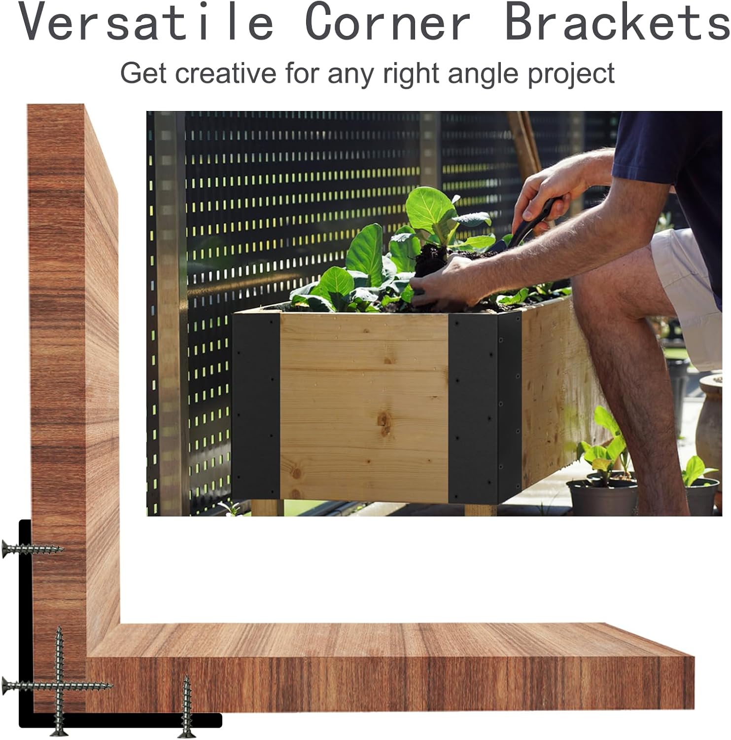 8 Raised Garden Bed Corner Brackets for 20" - 24" Garden Beds, L-Shaped Reinforced Connectors, (11"x3"x3") Black Metal with Long and Short Screws