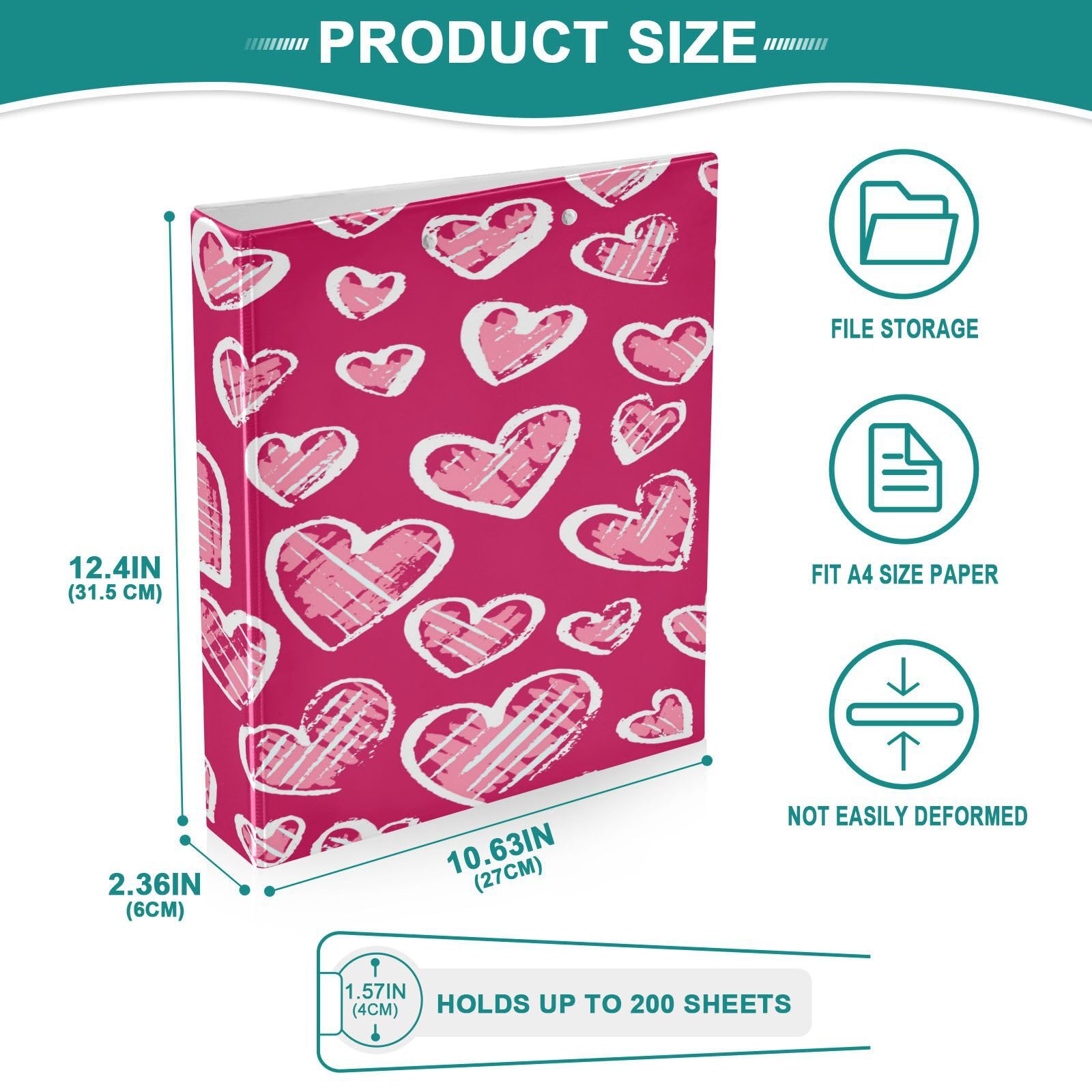 SKYSHU Love Heart - Raccoglitori ad anelli rotondi con 3 tasche interne in PVC trasparente, impermeabili, robusti, 3,8 cm, con clip in metallo antiscivolo, raccoglitori versatili per 200 fogli,