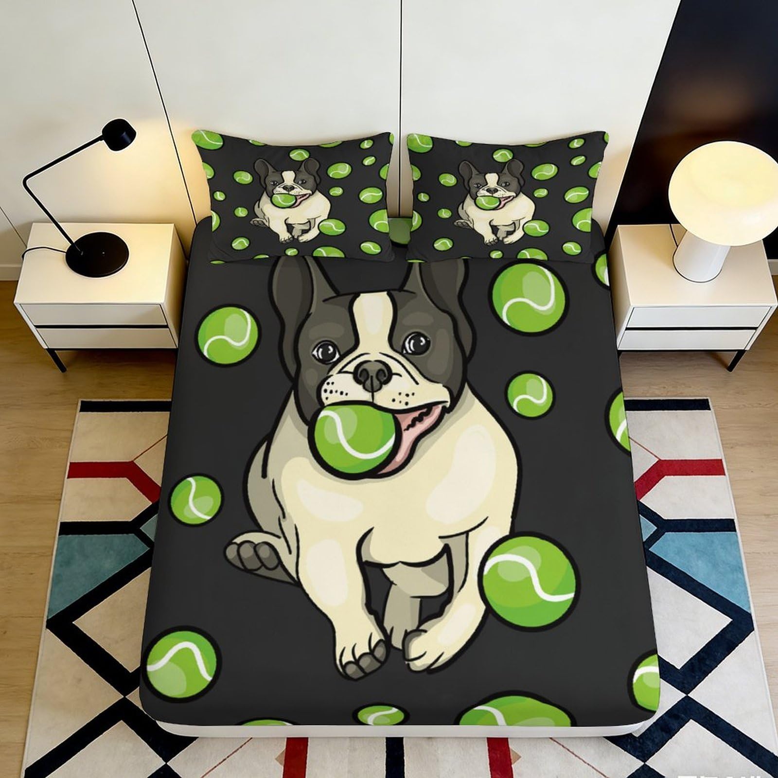 3D Printed French Bulldog Fitted Sheet Microfiber Anti-Slip Tennis Ball Mattress Cover for Bedroom Dorm Decor Easy Care 90x200x25cm
