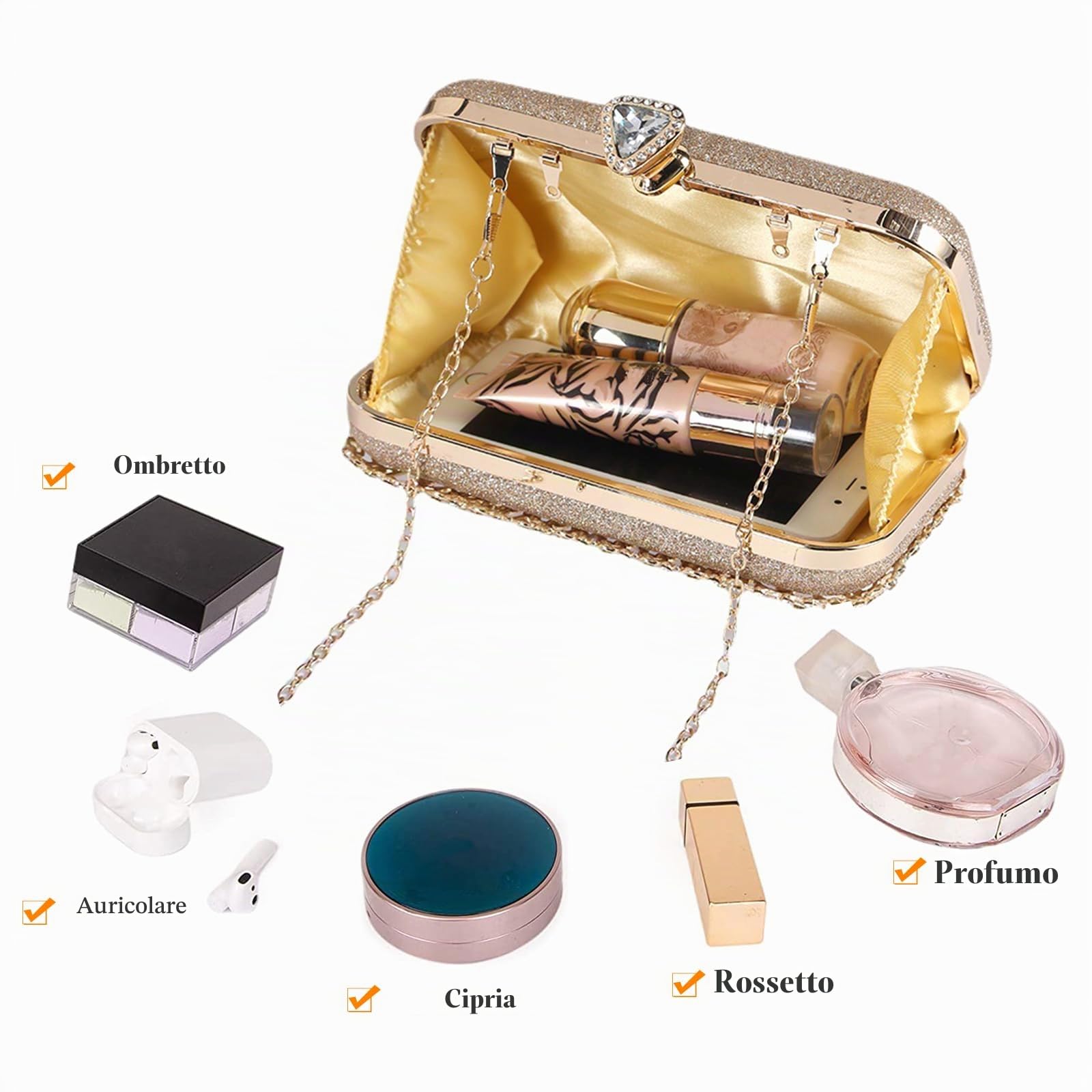 Borsetta da Sera Donna Strass Clutch Pochette Piccolo con Catena Paillettes Borsa a Mano Elegante Borsa a Spalla Borsa a Tracolla per Cocktail Festa Ballo Cerimonia Oro