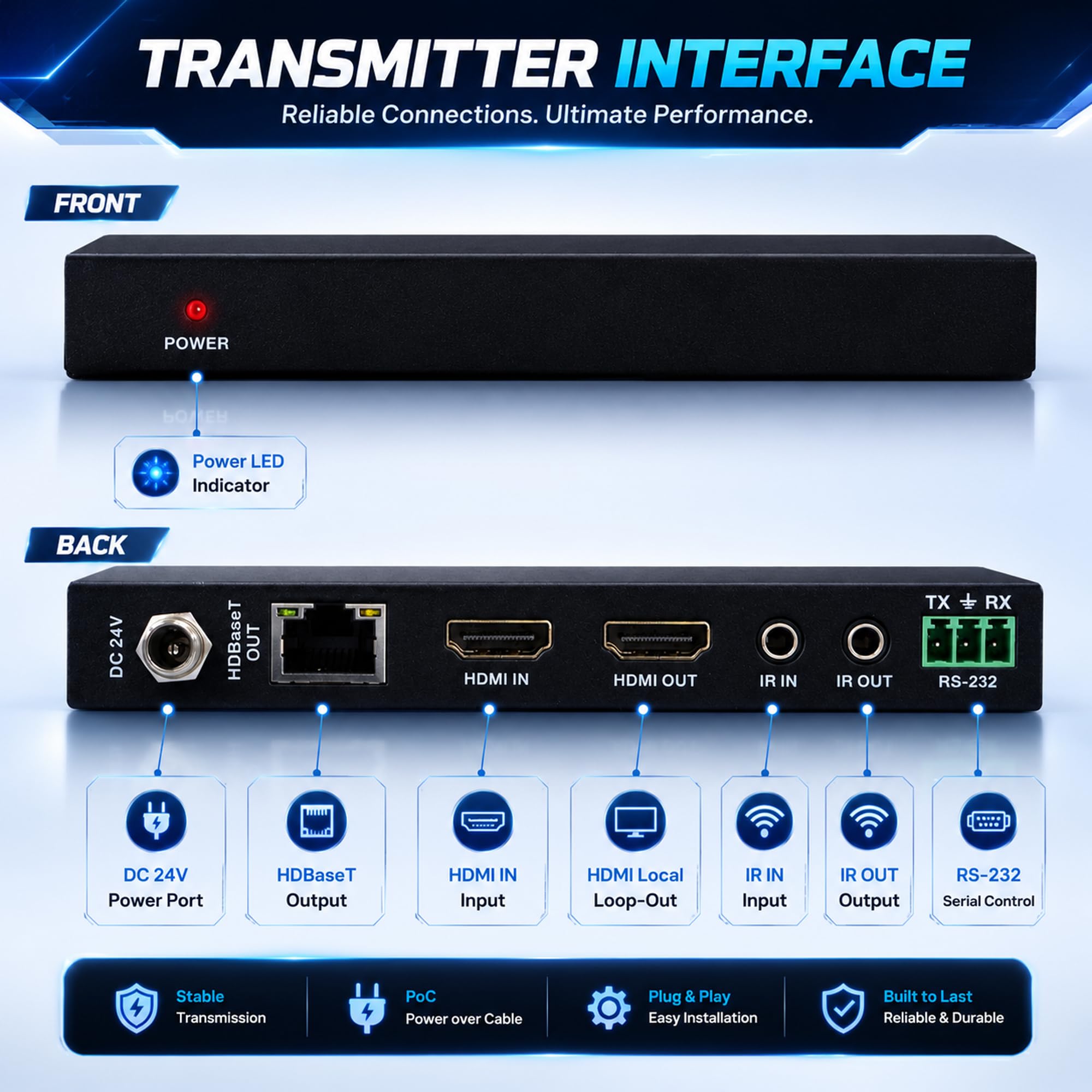 J-Tech Digital Extender HDMI a lungo raggio su Cat6 150 m/492ft HDBaseT 1080P Extender PoC, IR bidirezionale, supporta Dolby Digital, DTS, con passthrough EDID, CEC e RS-232 (JTECH-HDT150)