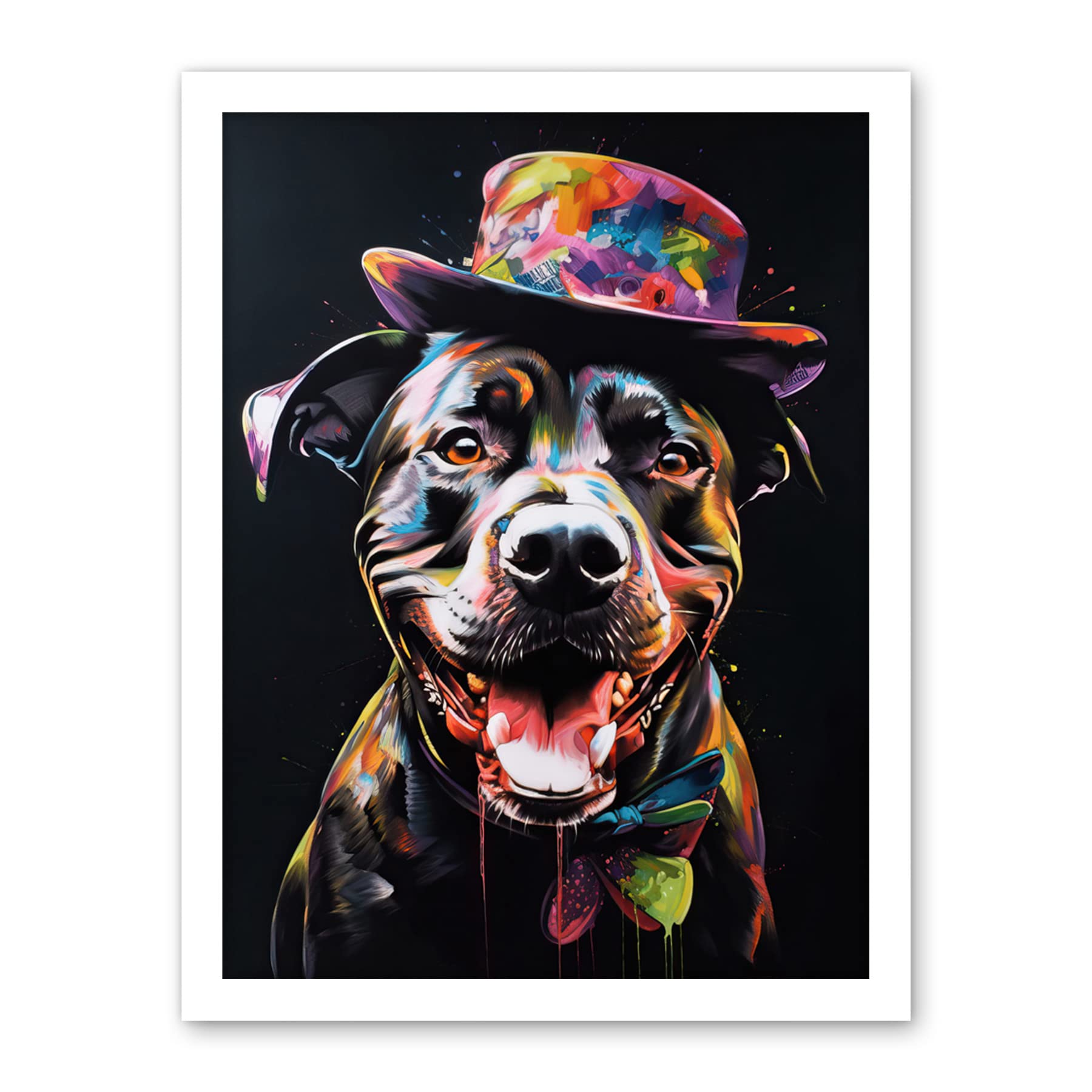 Artery8 Rottweiler in Bow Tie and Multicoloured Top Hat Artwork Framed Wall Art Print 18X24 Inch