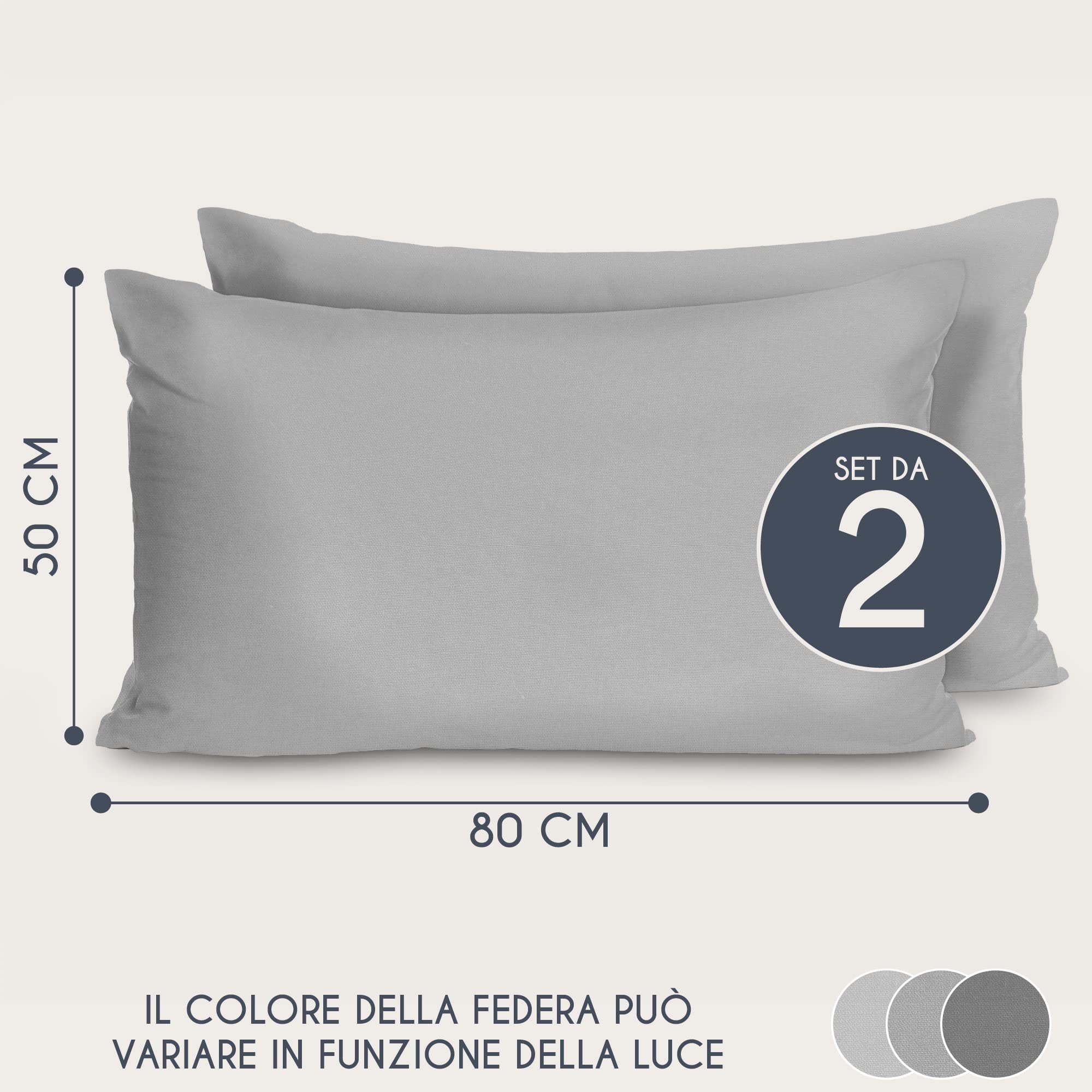 Federe 50x80 Cotone Rinforzato (Set da 2) - Grigio Chiaro - Trama Fitta a 57 Fili/cm² - Federe Cuscini 50x80 cm - Federe Cuscino 50x80 Certificate Oeko Tex - Dreamzie