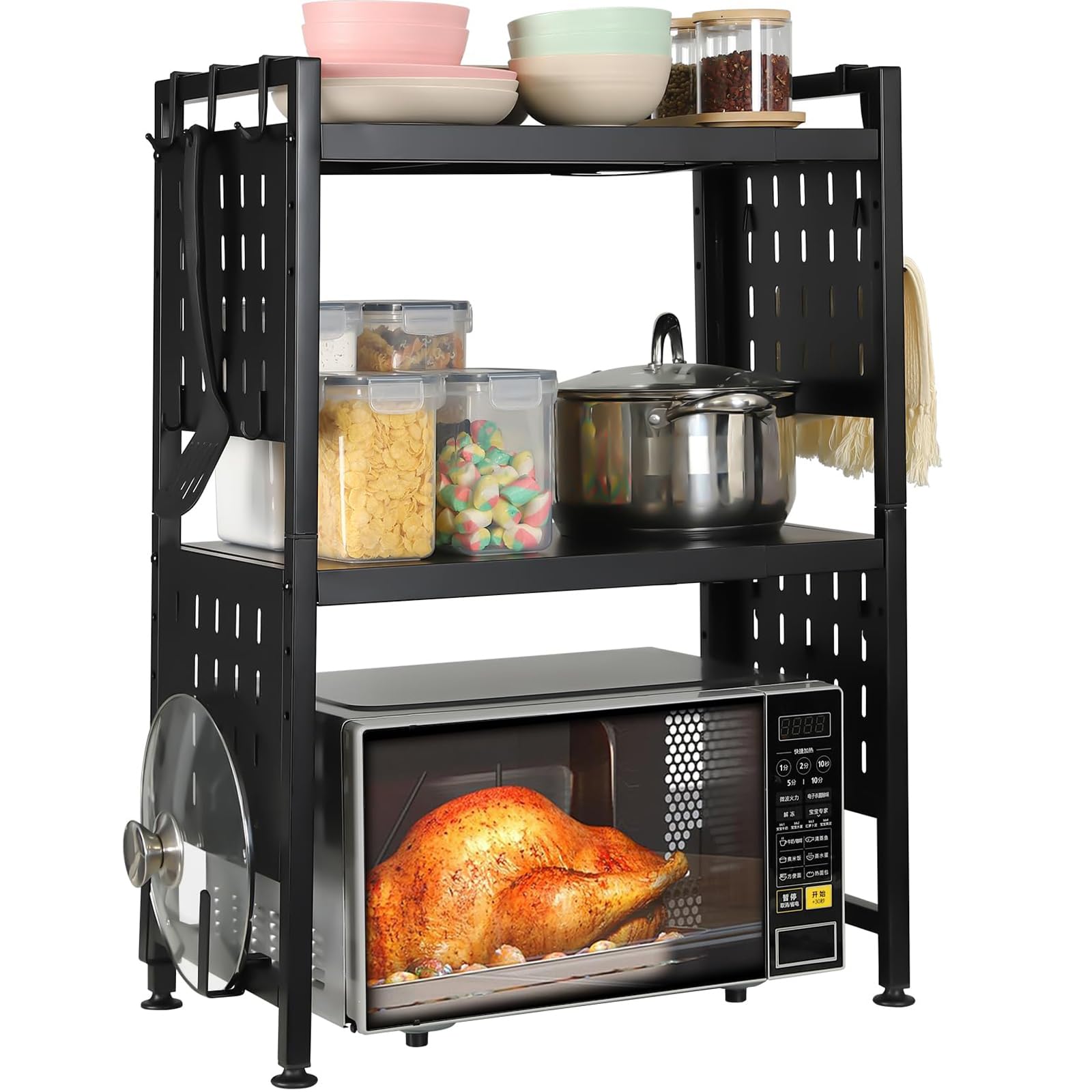 Expandable Microwave Stand Countertop, 3 Tier Heavy Duty Over Microwave Shelf Countertop with 4 Hooks, Height Adjustable Metal Microwave Oven Rack Shelf for Kitchen Tabletop,Holds 160lb,Black