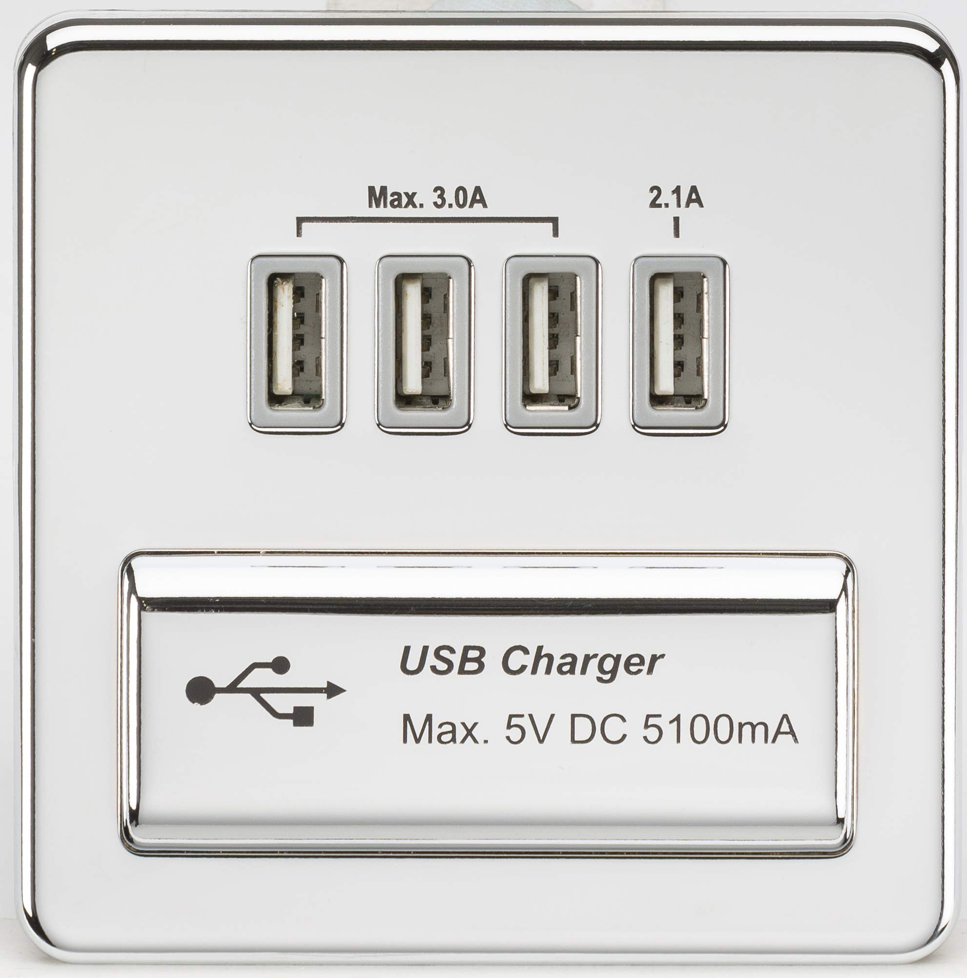 Knightsbridge Polished Chrome With Grey Insert Sfquadpcg Screwless Quad Usb Charger Outlet, 5.1 A