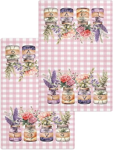 Juego de 2 toallas de cocina de tejido de punto gofre de algodón, diseño floral de flores para el día de San Valentín, color rosa y blanco, 16 x 24