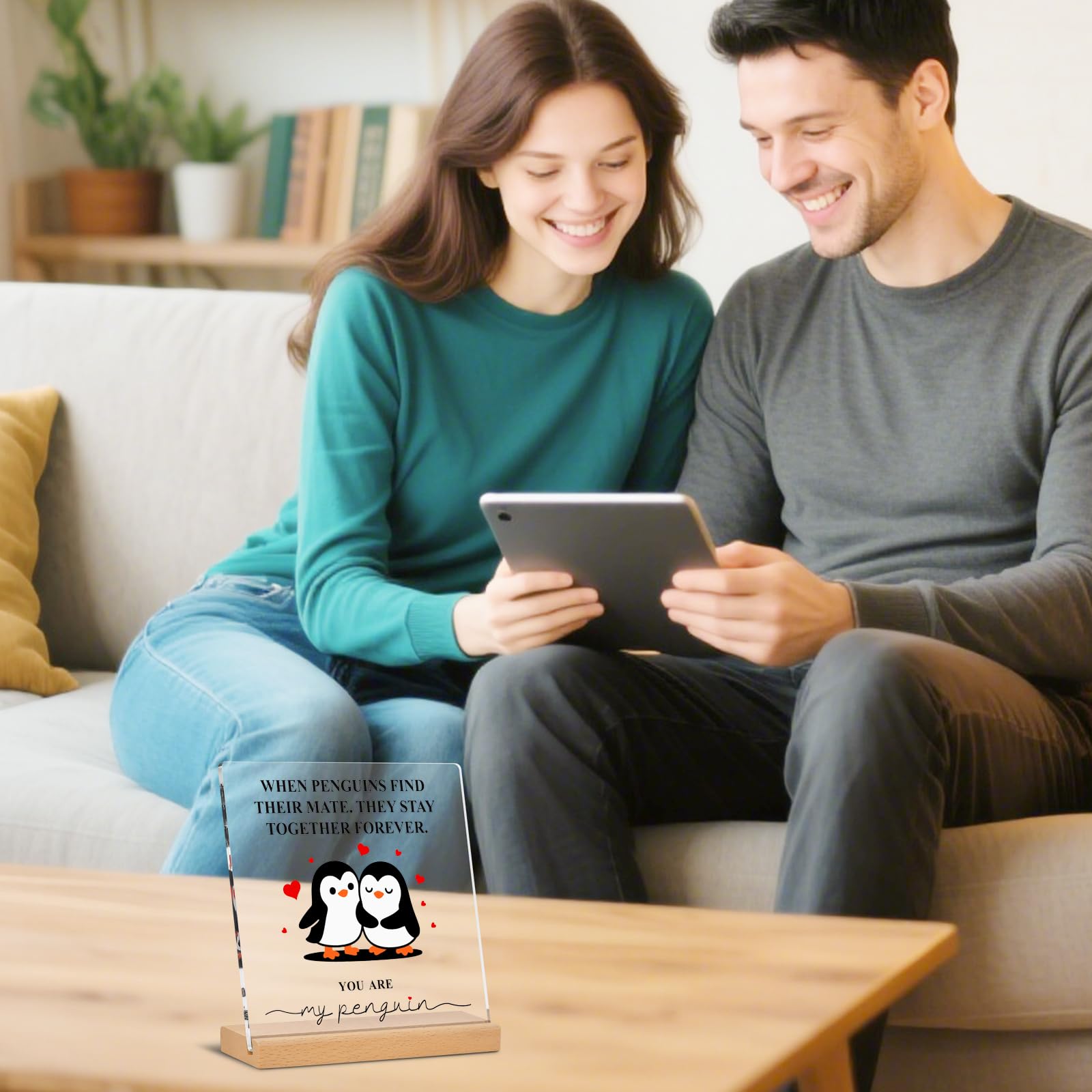 Romantic Penguin Acrylic Plaque with Wooden Stand, 5.9×5.9 Inch Clear Acrylic for Home Office Decor, Wedding Engagement Anniversary Birthday Valentines Day Gifts for Couples Him Her