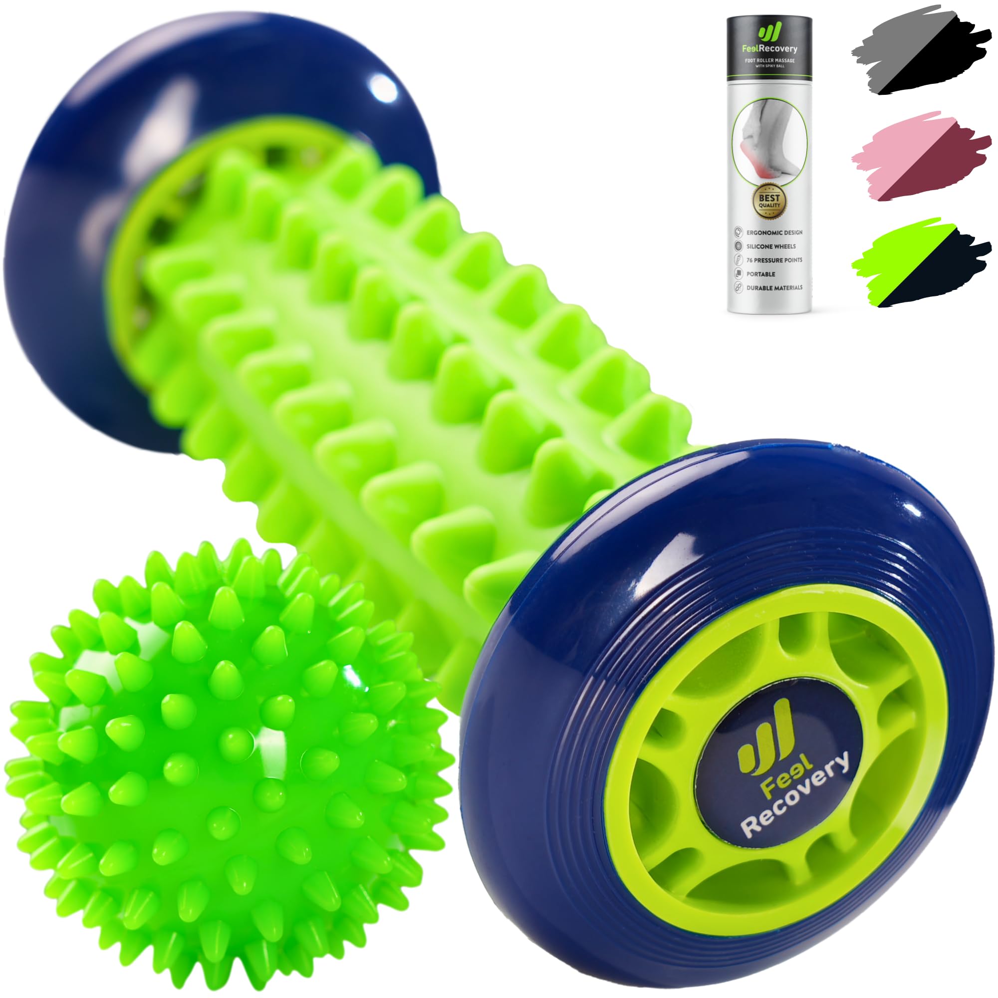 Set Rodillo Masajeador Pies para Fascitis Plantar + Pelota con Pinchos para Masaje ReflexologÃa Podal - Kit Acupresión Alivio Dolor de Planta y Talón del Pie, Piernas, Anticelulitis (Verde)