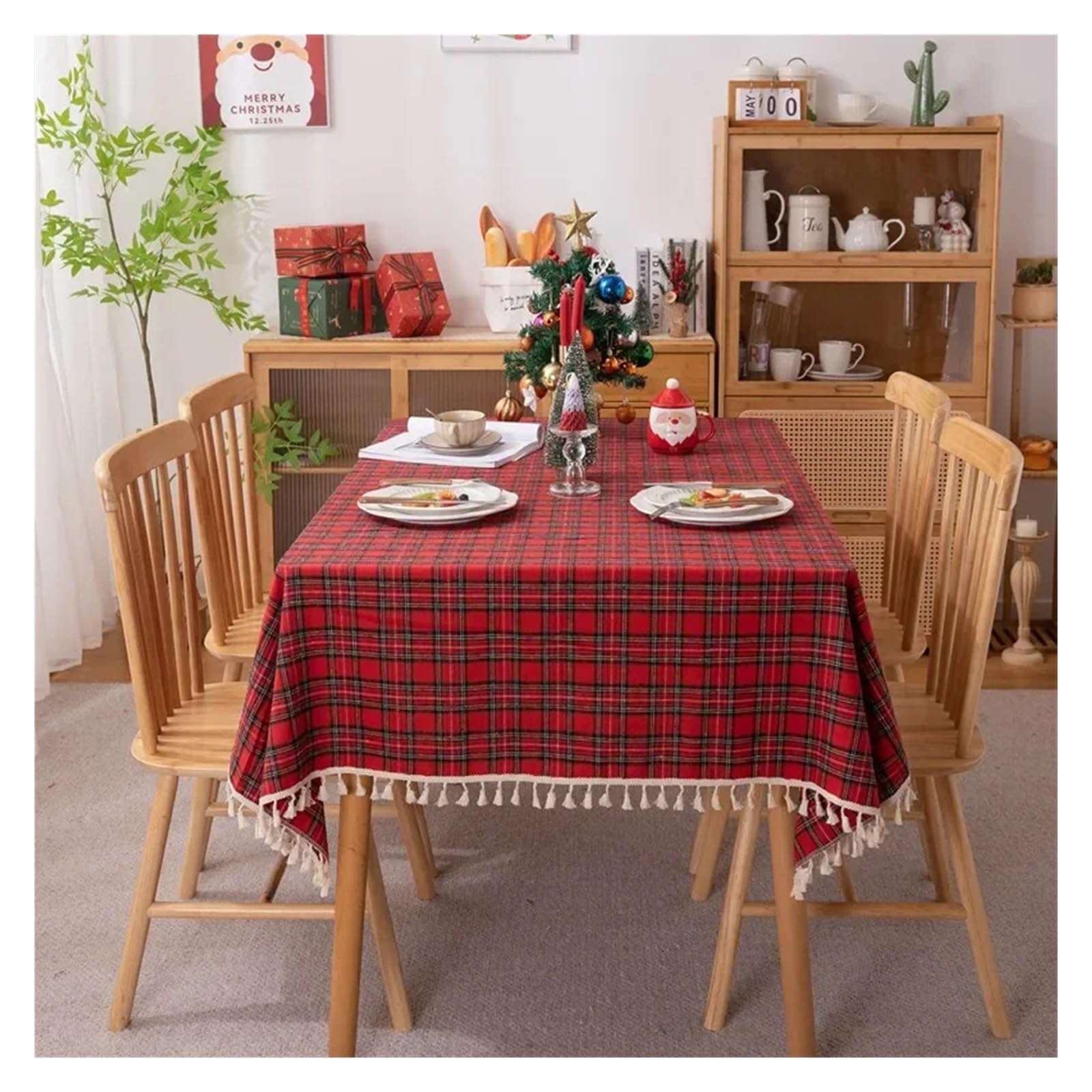 Tovaglia di Natale Tovaglia natalizia Plaid verde Foto Atmosfera Resort Tessili for la casa Copritavolo di Capodanno for il ristorante for riunioni famiglia(Tassel red plaid,140X200CM)
