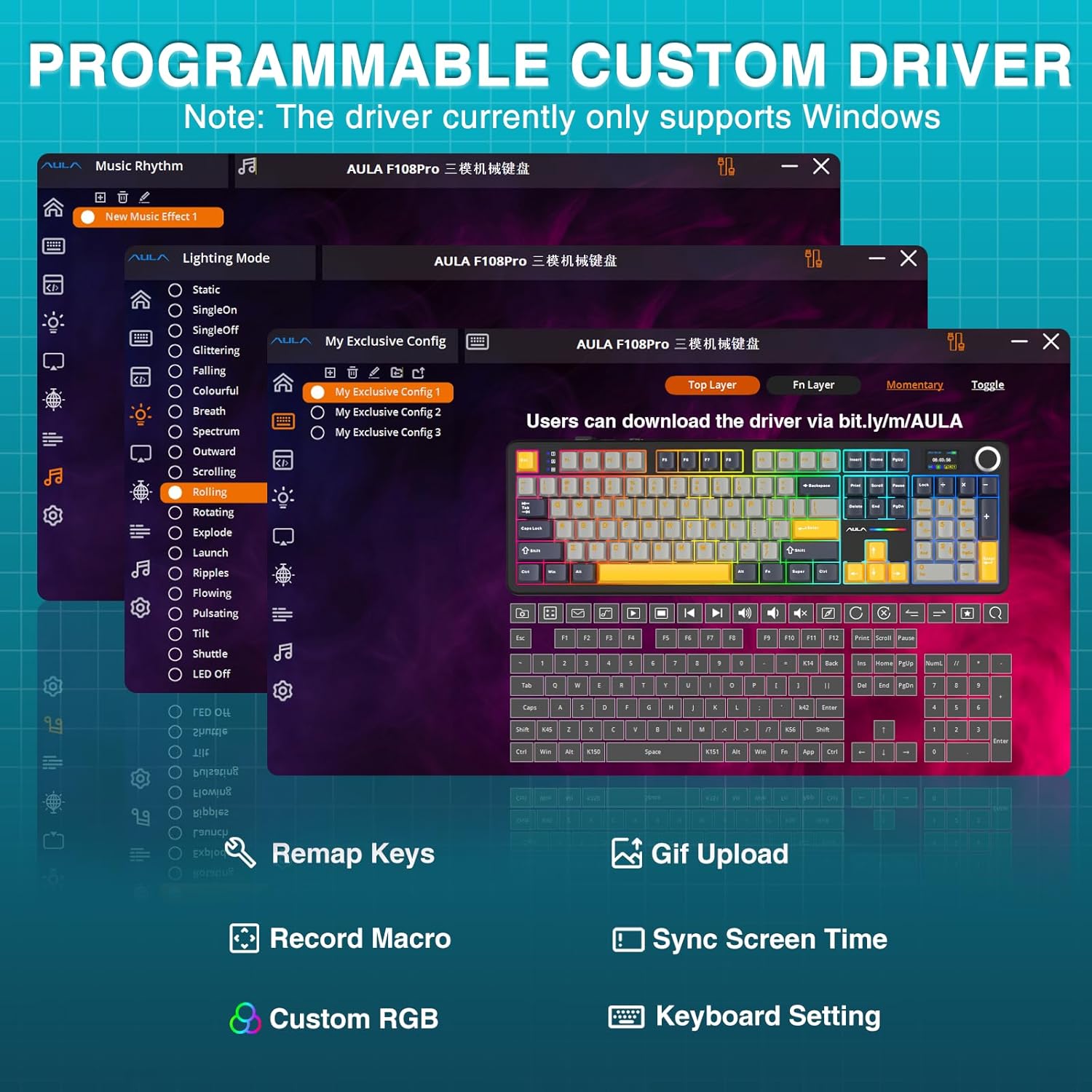 AULA F108 PRO - Wireless Mechanical Keyboard with Screen&Knob,Hot Swappable Gaming Keyboard with 8000mAh Battery,Pre-lubed Switches,RGB Backlit,PBT Keycaps Creamy Sounding Computer Keyboards,104 Keys - Image 9
