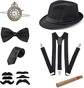 1920er Jahre Kostüm Set Für Herren | Panama Hut + Fliege + Hosenträger + Taschenuhr | Great Gatsby Party Outfit