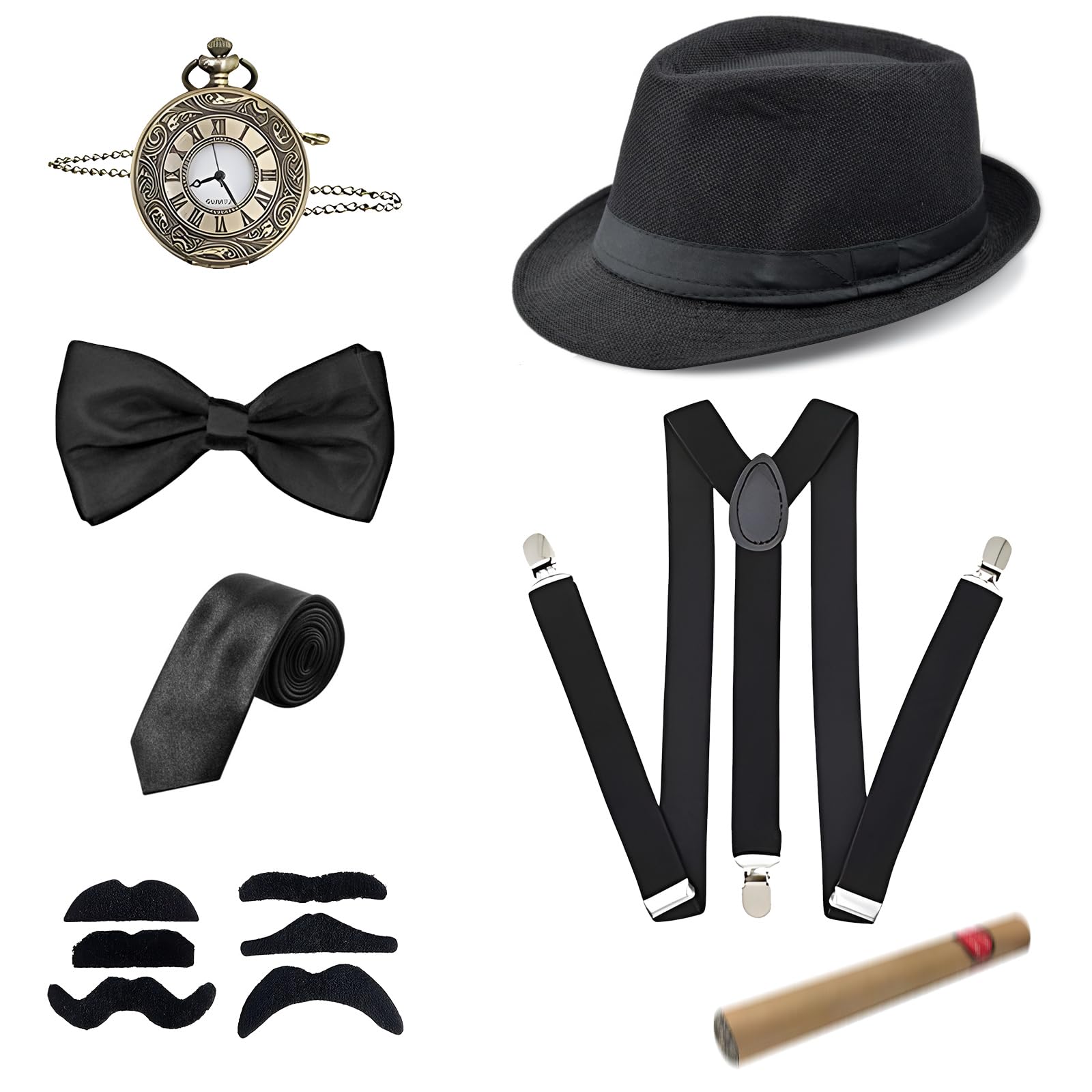 20er Jahre Accessoires, Mafia Kostüm Herren, Peaky Blinders, Gangster Mit Panama Hut Verstellbar, Hosenträger, Taschenuhr, Fliege, Krawatten, Bärte für Karneval Partys