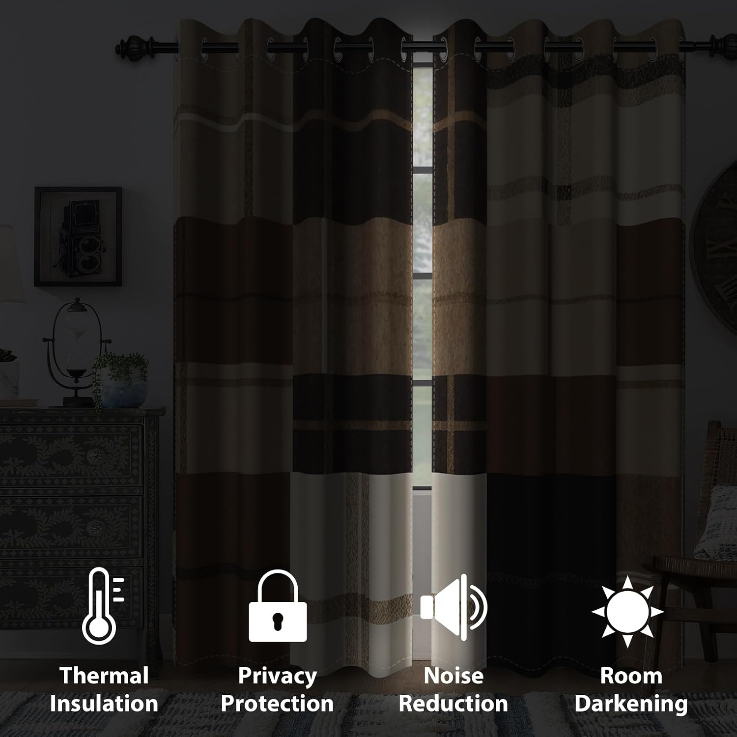 Renaiss Brown Geometric Blackout Curtains for Bedroom Abstract Line Modern Minimalist Art Pattern Printed Darkening Thermal Insulated Drapes for Living Room Decor 2 Panels Set, 42x84 Inch