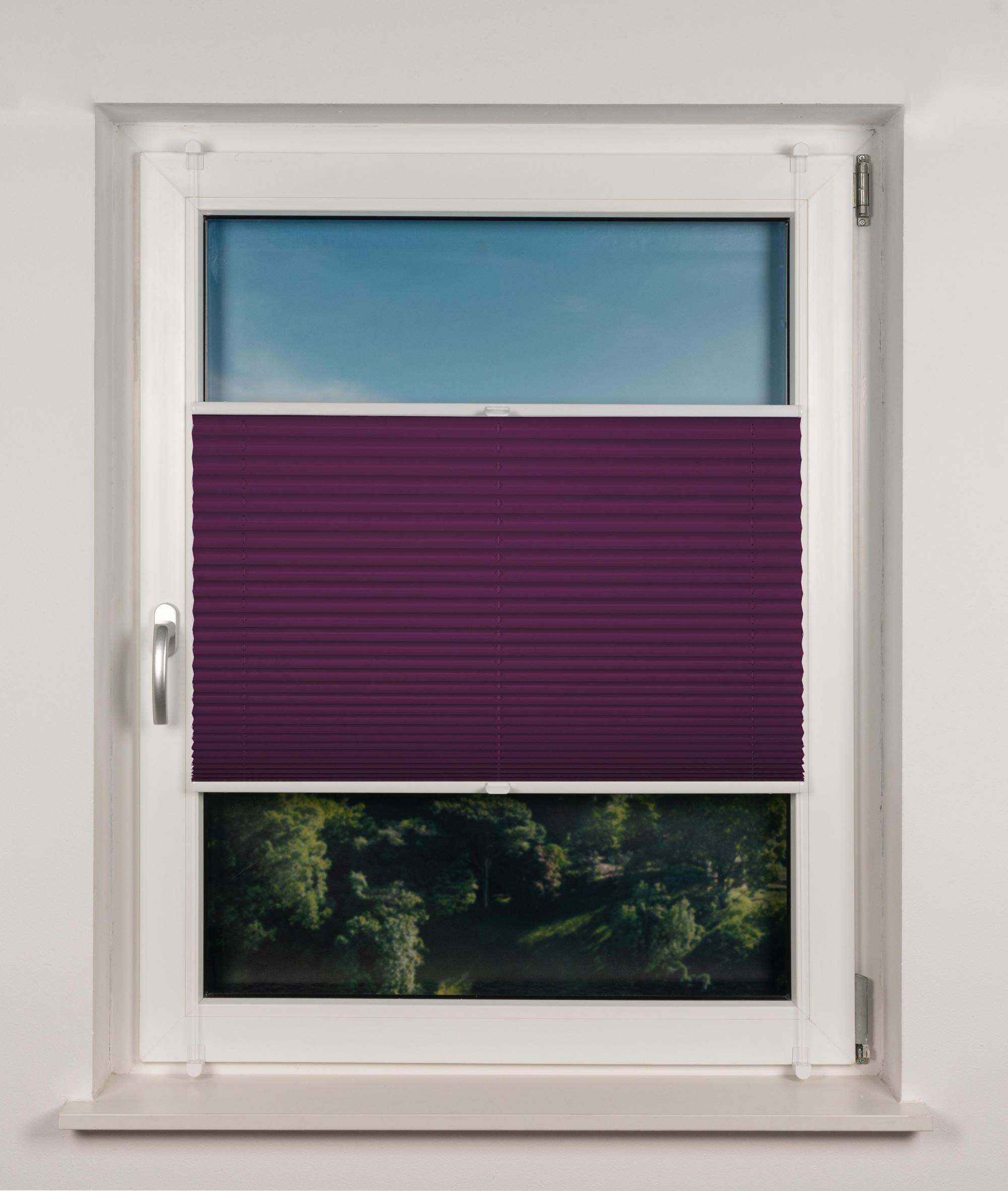 Store plissé occultant thermique Klemmfix sur mesure pour toutes les fenêtres, supports de serrage jusqu'à 27 mm, store plissé occultant sans perçage, violet, largeur : 101110 cm, hauteur : 201250