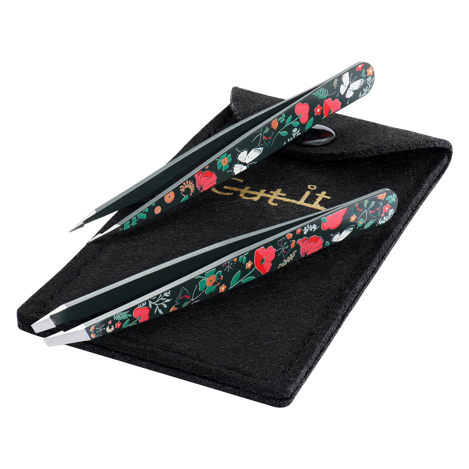 Juego de 2 pinzas de precisión para cejas puntiagudas e inclinadas con estuche de viaje, pinzas profesionales de acero inoxidable para depilación facial y encarnada, depiladora y removedor de pelo