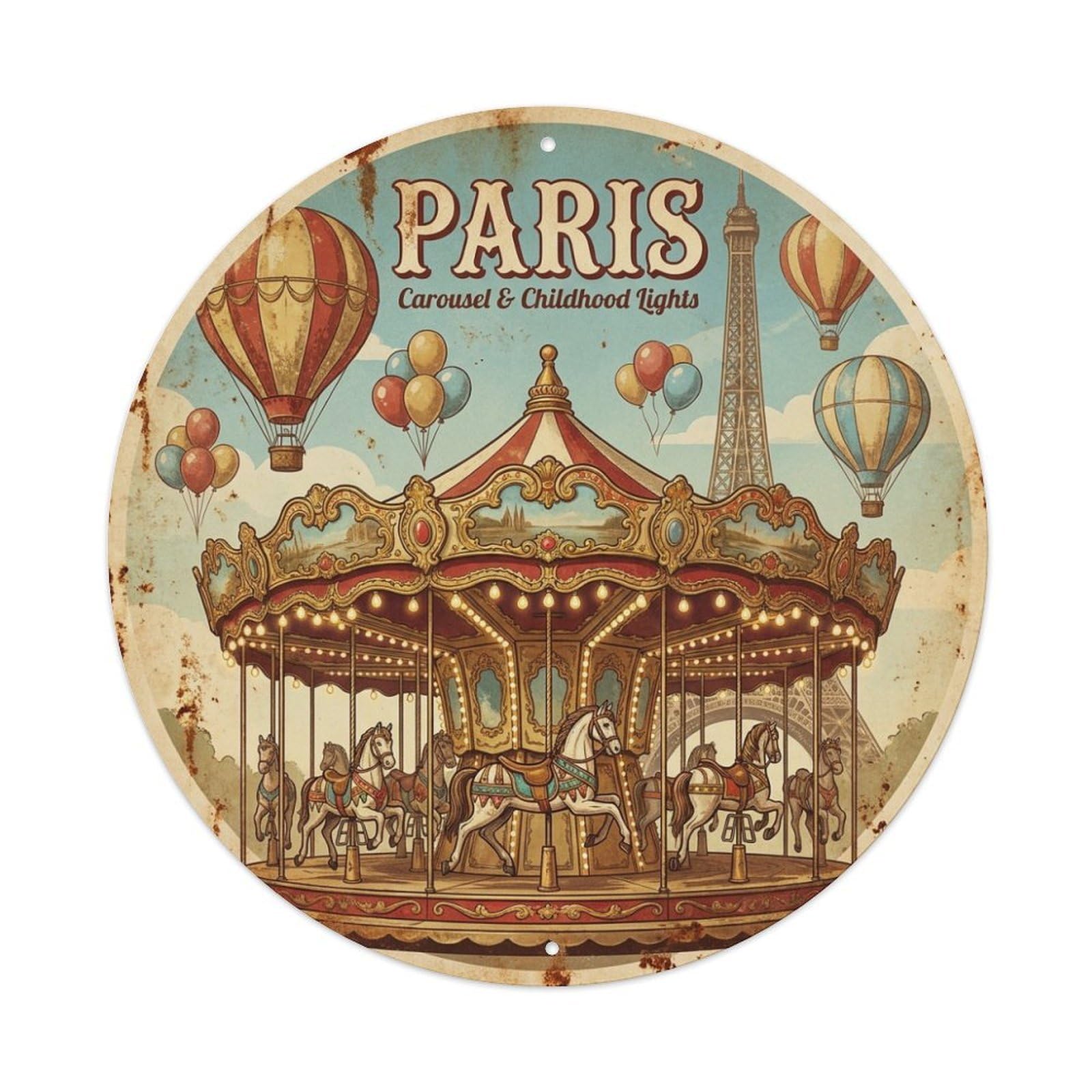 Olhnbad Style Carousel Hot Air Balloons Paris Travel Culture Metal Tin Sign