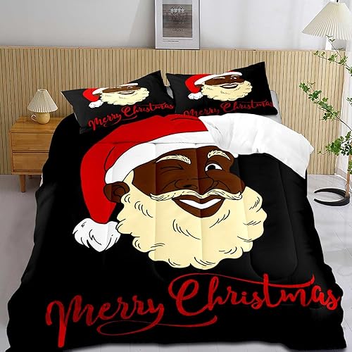LUVIVIHOME Juego de edredón de Navidad de 3 piezas, tamaño King, divertido ropa de cama de Papá Noel negro afroamericano, decoración de dormitorio