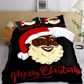 LUVIVIHOME 3PCS Christmas Comforter Set Queen Size, Funny African American Black Santa Claus Bedding, Winter Xmas Merry Christmas Bedroom Decor for Kids Boys Girls Teens, Xmas Gifts, 2 Pillow Shams