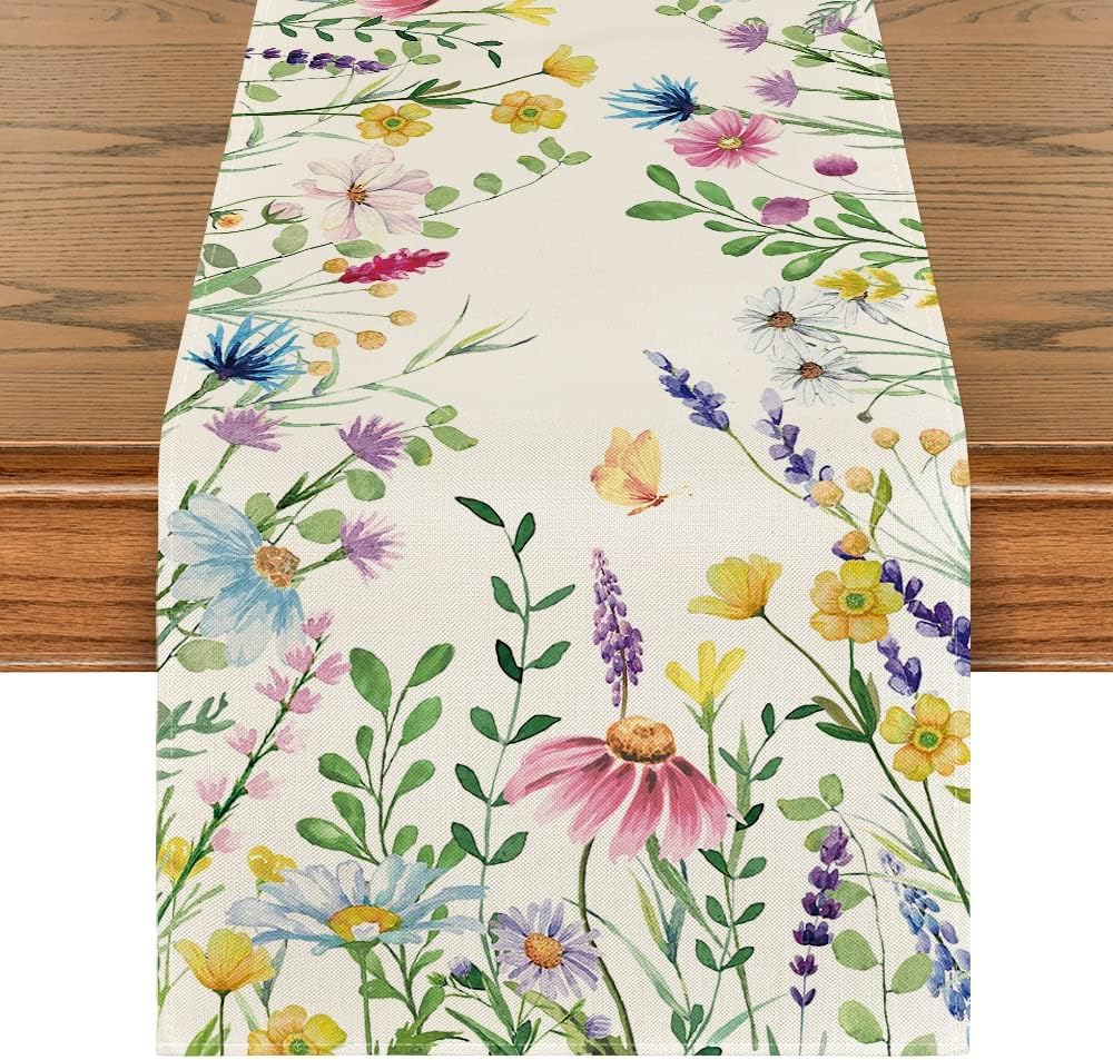 - Daisy Eucalyptus Lavender Floral Leaves Summer Table Runner, Spring Kitchen Dining Table Decoration for Home Party Decor 13x72 Inch