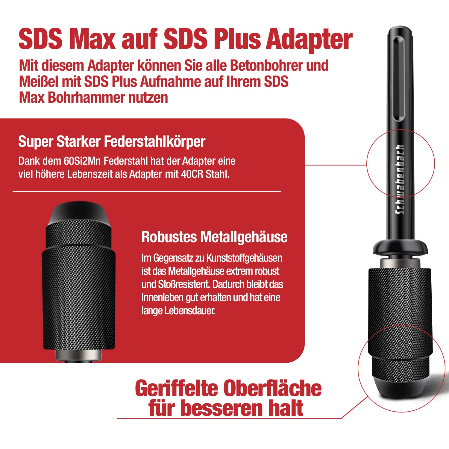 SCHWABENBACH® SDS Max auf SDS Plus Adapter - Adapterstück zur benutzung von Beton Bohrer oder Meißel Maschinen - Premium Qualität - Aufnahme Bohrfutter Hammerbohrer