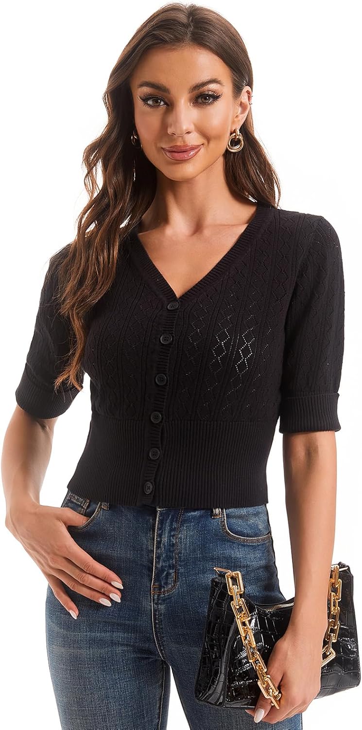Women's Cotton Cropped Cardigan, Soft Short Sleeve V-Neck Casual Lightweight Cover Up Knit Sweater for Dresses - Image 3