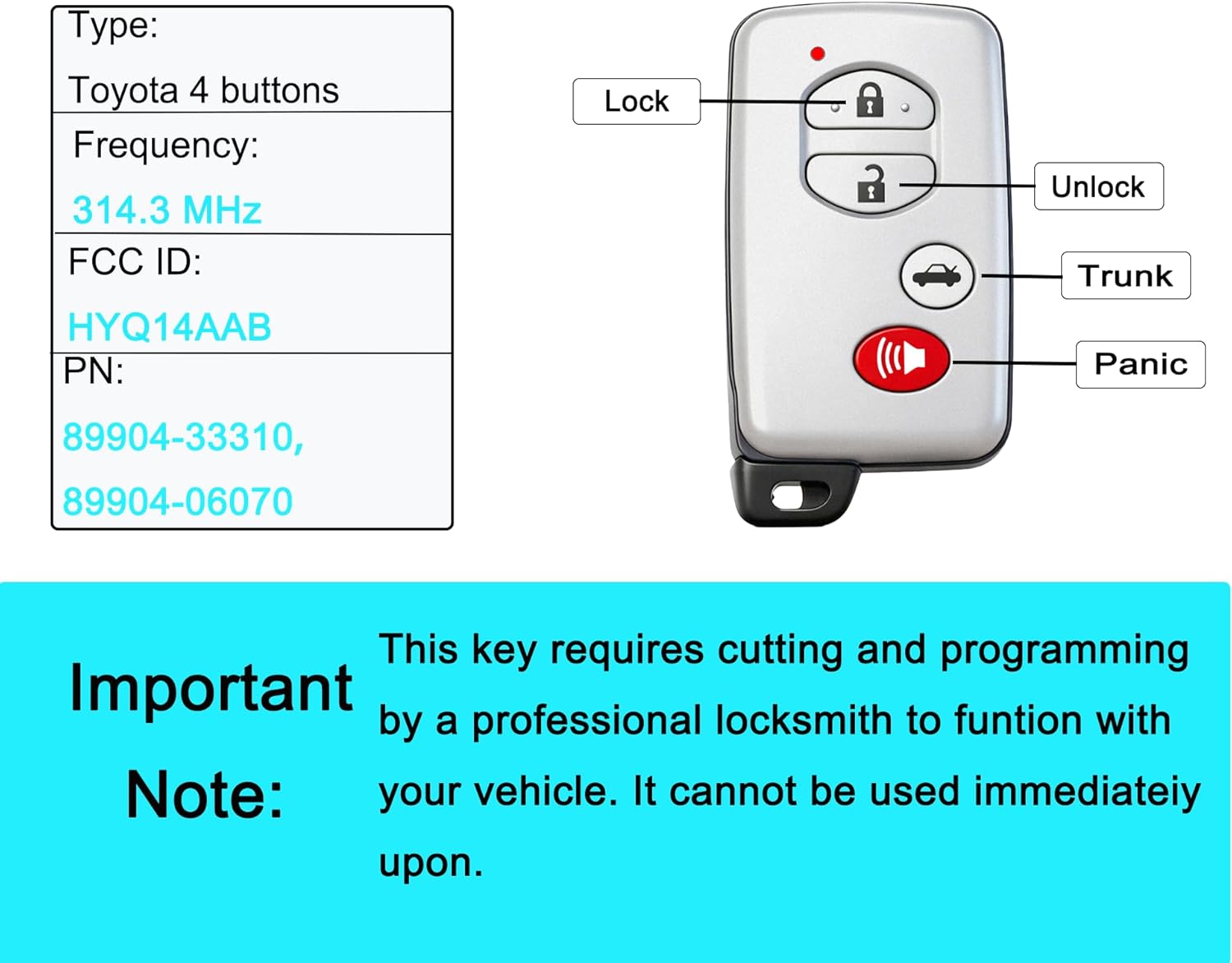 Smart Key Fob for Toyota Camry Avalon 2010-2014, YIKEBALOG 4-Button Remote Control Key Fob for Toyota Corolla 2011-2014 HYQ14AAB 271451-3370 89904-06070