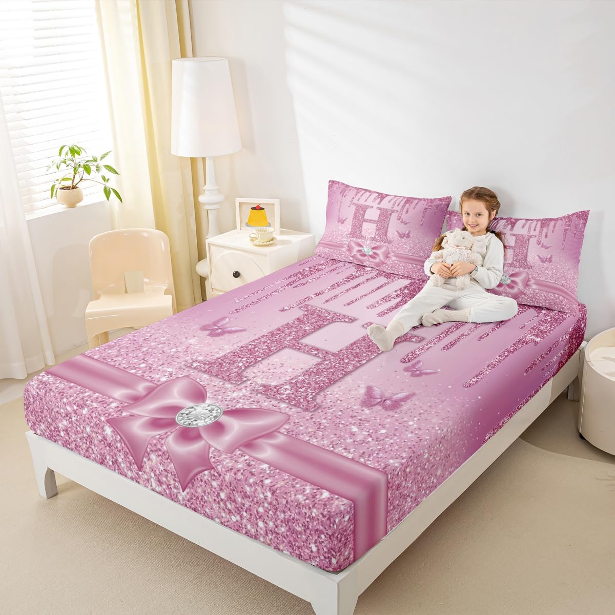 Erosebridal Monogrammed H Bed Sheets Full for Women - Glitter Personalized Initial Fitted Sheet Pink Purple Bow Diamond Bedding Set,Cute Coquette Alphabet Letters Bed Cover 3 Pcs