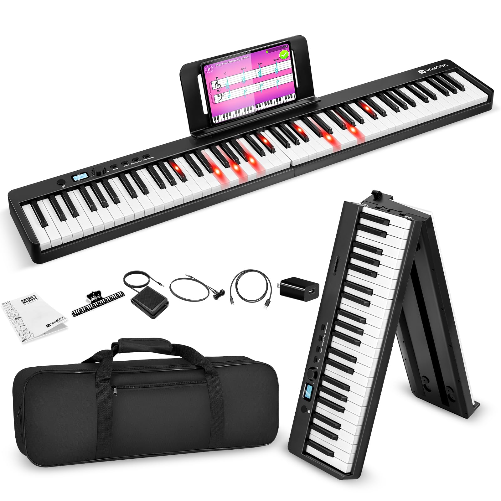 VangoaFolding Piano 88 Key Semi-Weighted Foldable Keyboard Electric Piano Portable Full Size with Light up Keys, BT, USB MIDI, Sustain Pedal and Handbag for Beginners Adults