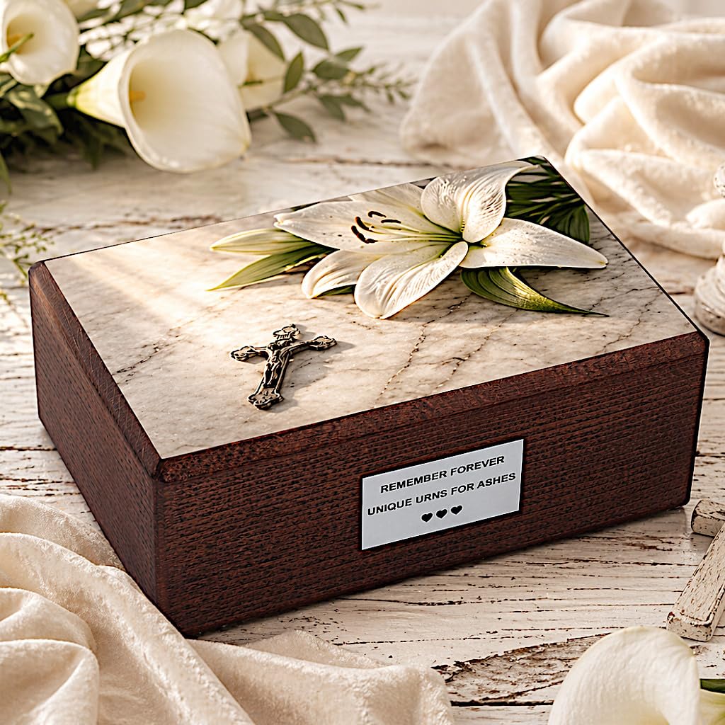 Wooden Cremation Urn for Adult Calla Lily & Cross Memorial Urn Solid Wood Casket