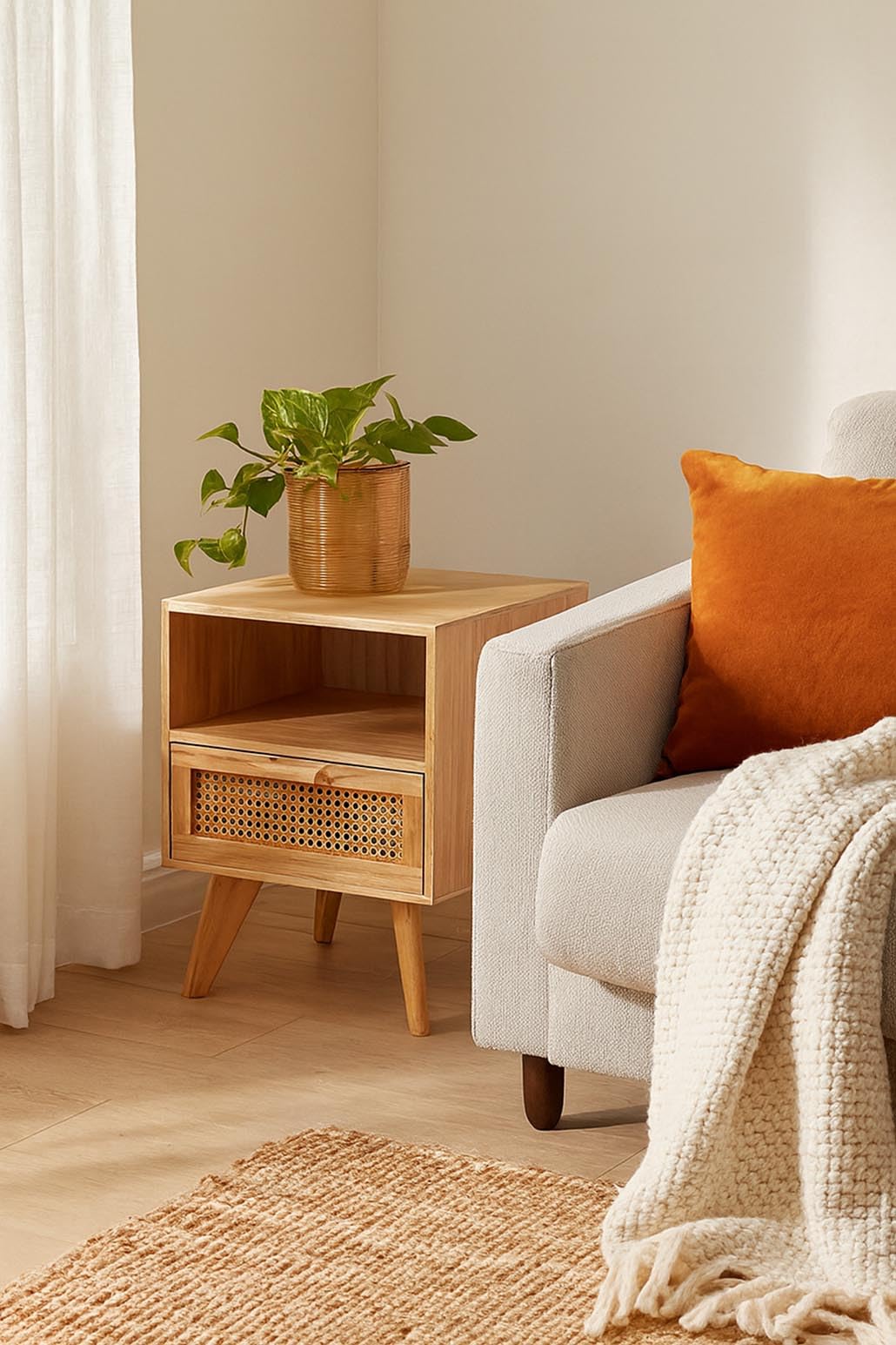 Kobolo Nachttisch Holz braun | 40x35x50 cm | Kleiner Nachtschrank mit Schublade & Fach | Kommode im Boho Vintage Look | Beistelltisch fürs Schlafzimmer Wohnzimmer Flur Wiener Geflecht