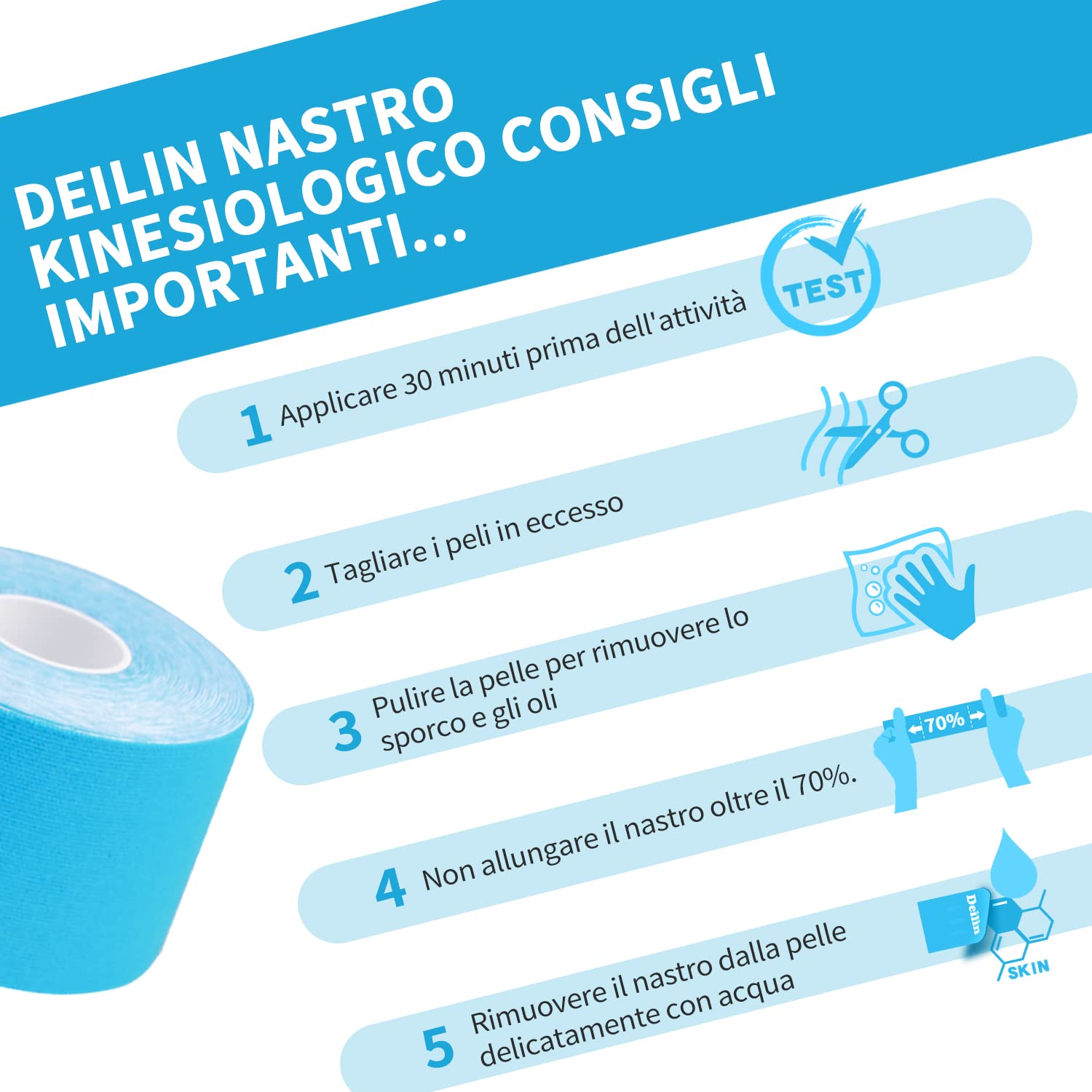 Deilin Kinesio Taping 3 Rotolo, Taping Kinesiologico per Ginocchio, Spalla e Gomito, Fisioterapiche Impermeabil, Traspiranti