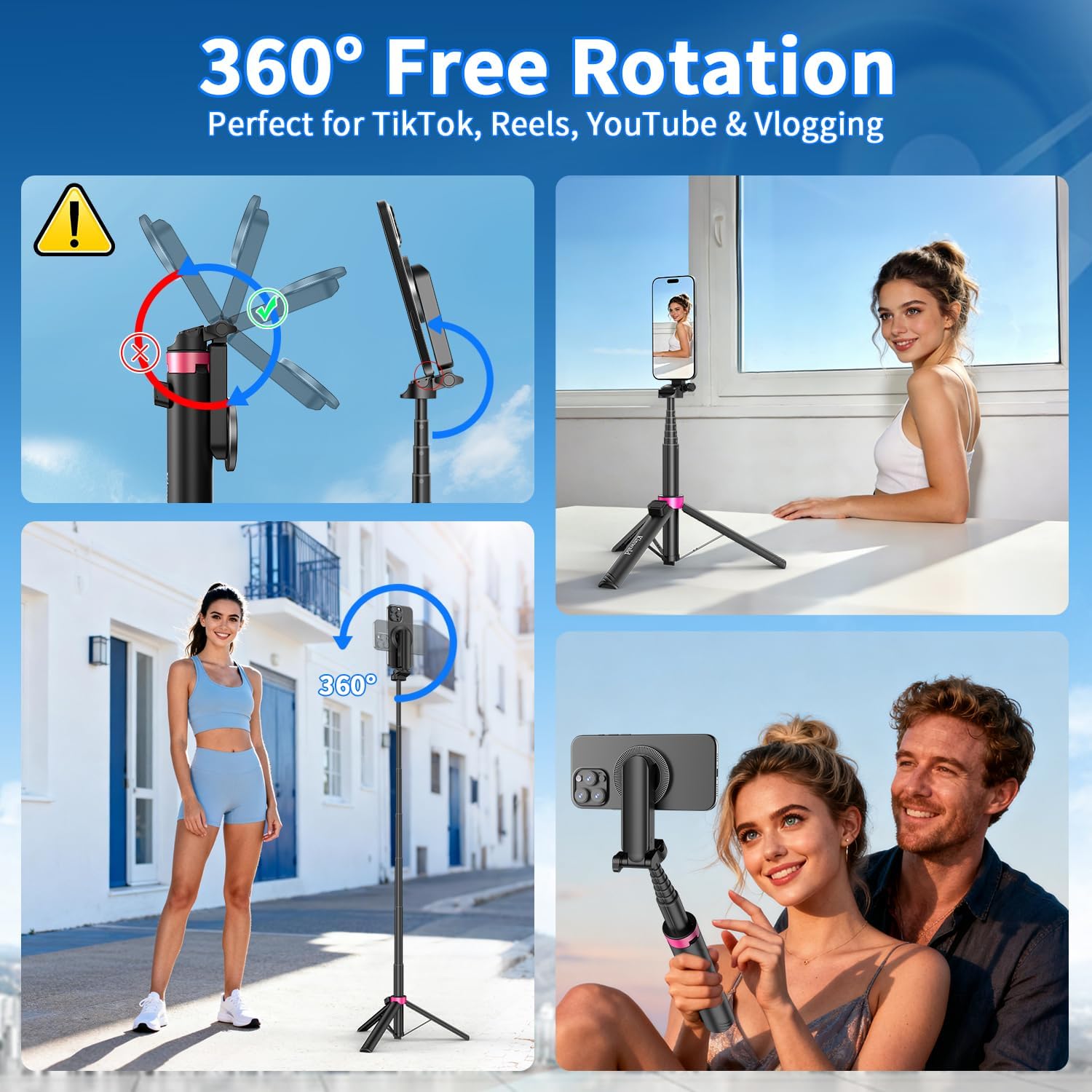 57" MagSafe Compatible Phone Tripod with Remote, Strong Magnetic Selfie Stick, Secure & Portable Tripod for iPhone Android, Travel Video Recording & Vlog (Black) - Image 3