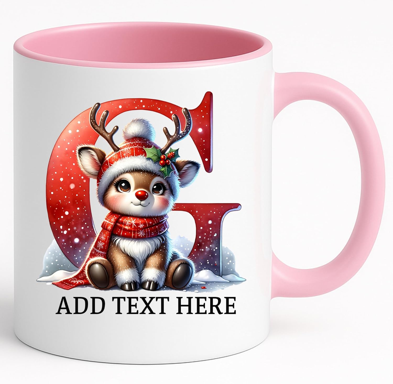 Personalized Reindeer Christmas Initial Mug – Custom Letter A–Z Monogram, Add Name/Date | 11 Ceramic, Dishwasher & Microwave Safe, Bulk/Wholesale cups (Pink) - Image 2