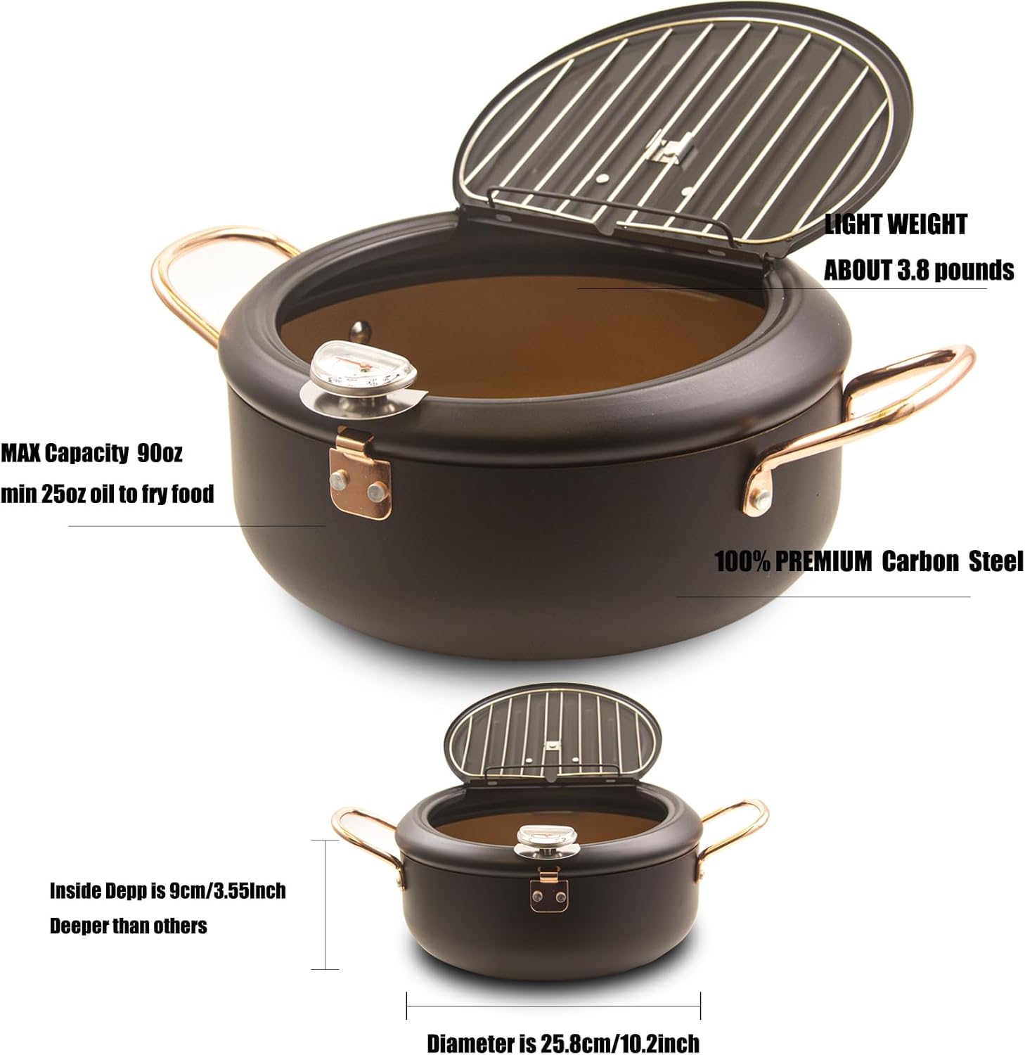 Japanese Tempura Deep Fryer Pot 3.5L- Fahrenheit Thermometer, Nonstick Coating, Easy Clean, Heatup Fast, Big Exquisite Black Oil Fryer 10inch