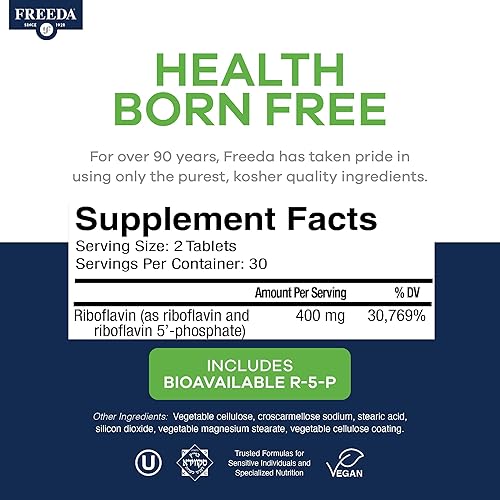 Miniatura 3 de FREEDA Suplemento de vitamina B2 de 400 mg con riboflavina-5-fosfato - B2 de alta potencia para energía, metabolismo y apoyo del sistema nervioso -
