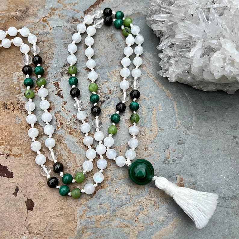 Natural rainbow moonstone, green tourmaline, malachite 6mm-10mm 108 Mala Beads, Spiritual, Meditation Beads, Reiki, Japa Mala, Buddhist Prayer Beads, Yoga Bracelet, healing beads