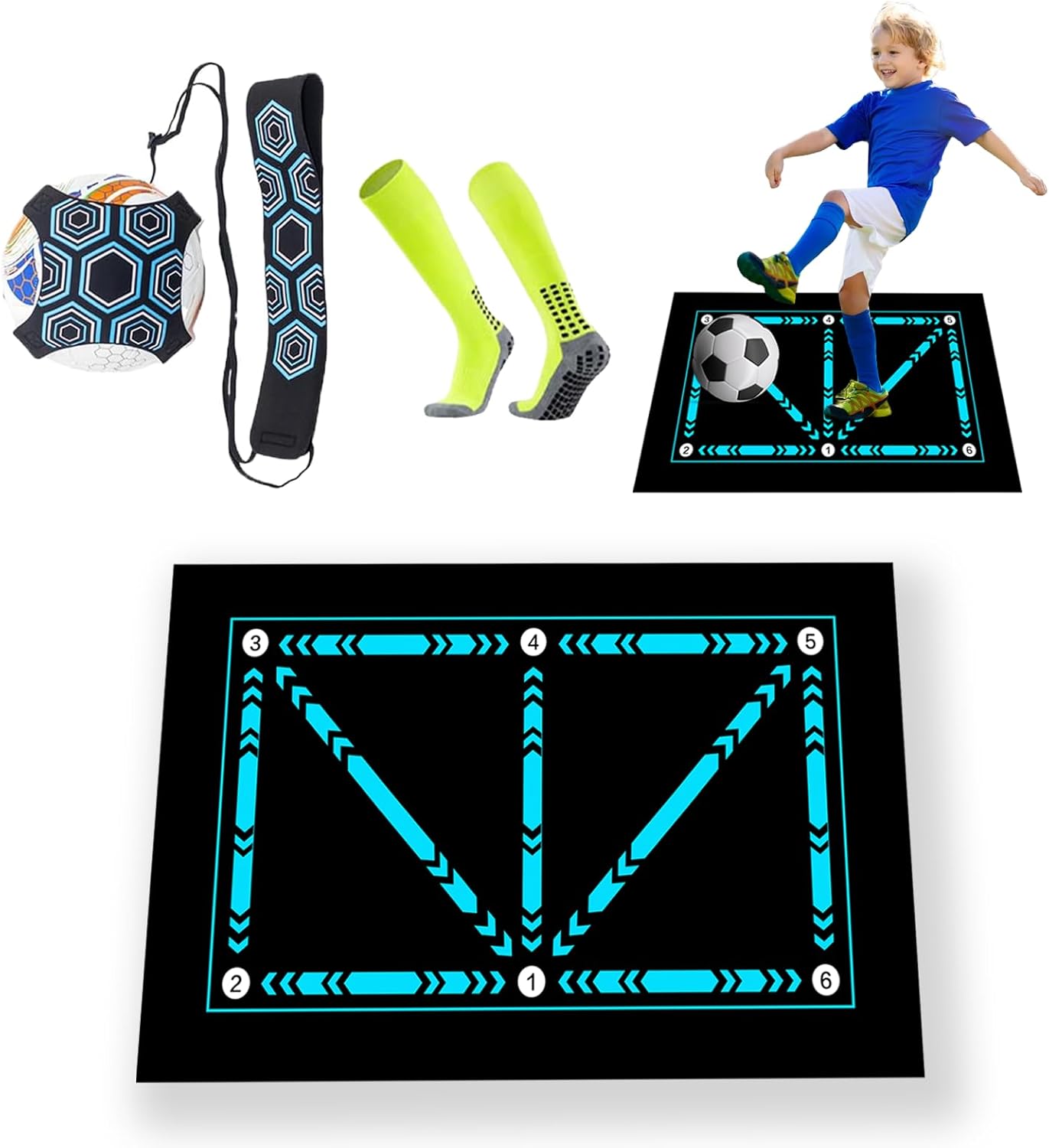 Oversized 47×32 Inch Soccer Training Mat with Adjustable Elastic Cord & Grip Socks – Footstep Grid for Strength Agility, Youth to Pro Team Drills