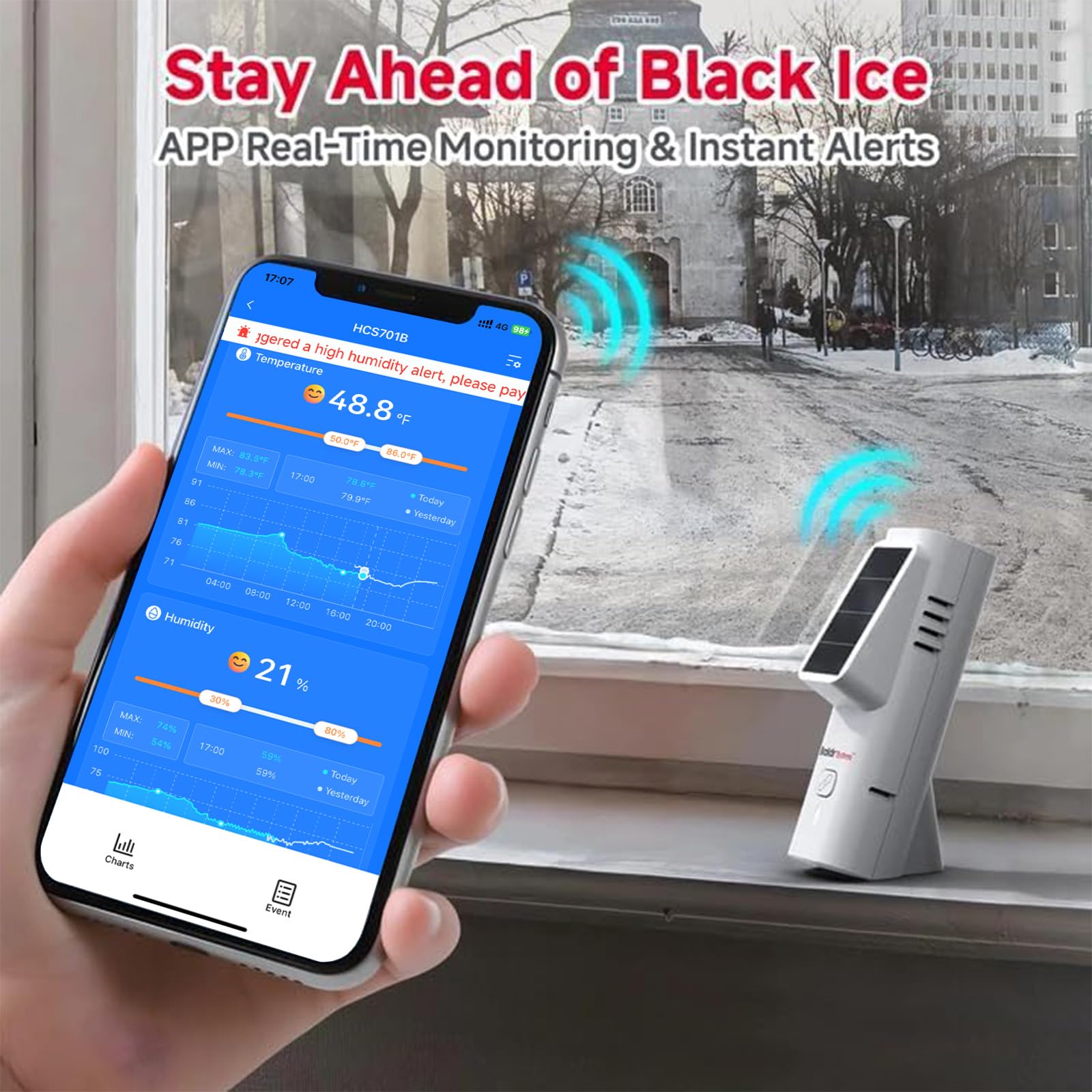 BaldrTherm Thermomètre solaire Bluetooth et moniteur d'humidité, thermomètre sans fil avec stockage de la date, alertes en temps réel, portée de connexion de 80 m, pour serre de chambre, cages pour